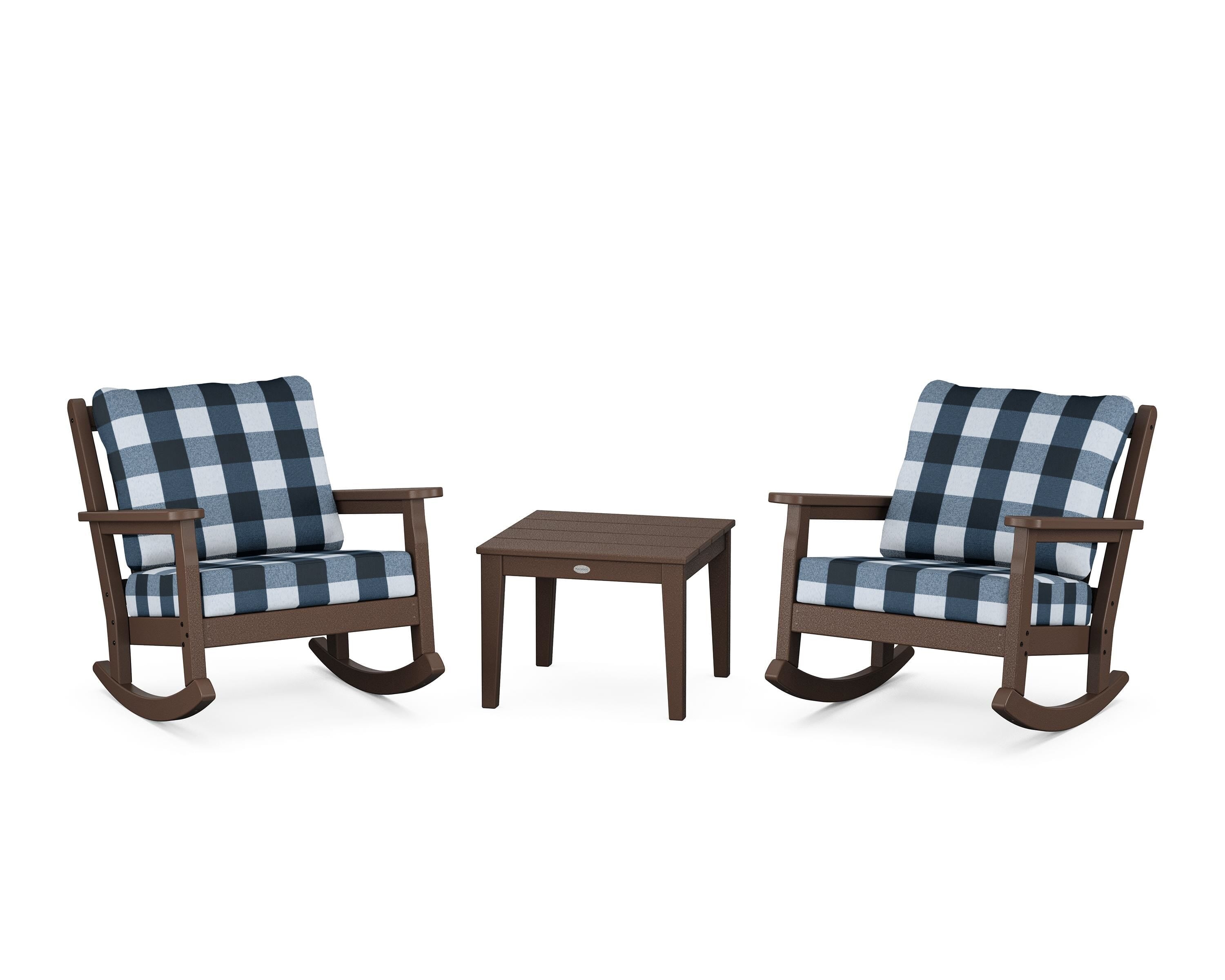 POLYWOOD® Chippendale 3-Piece Deep Seating Rocker Set in Mahogany / Buffalo Plaid Marine Indigo