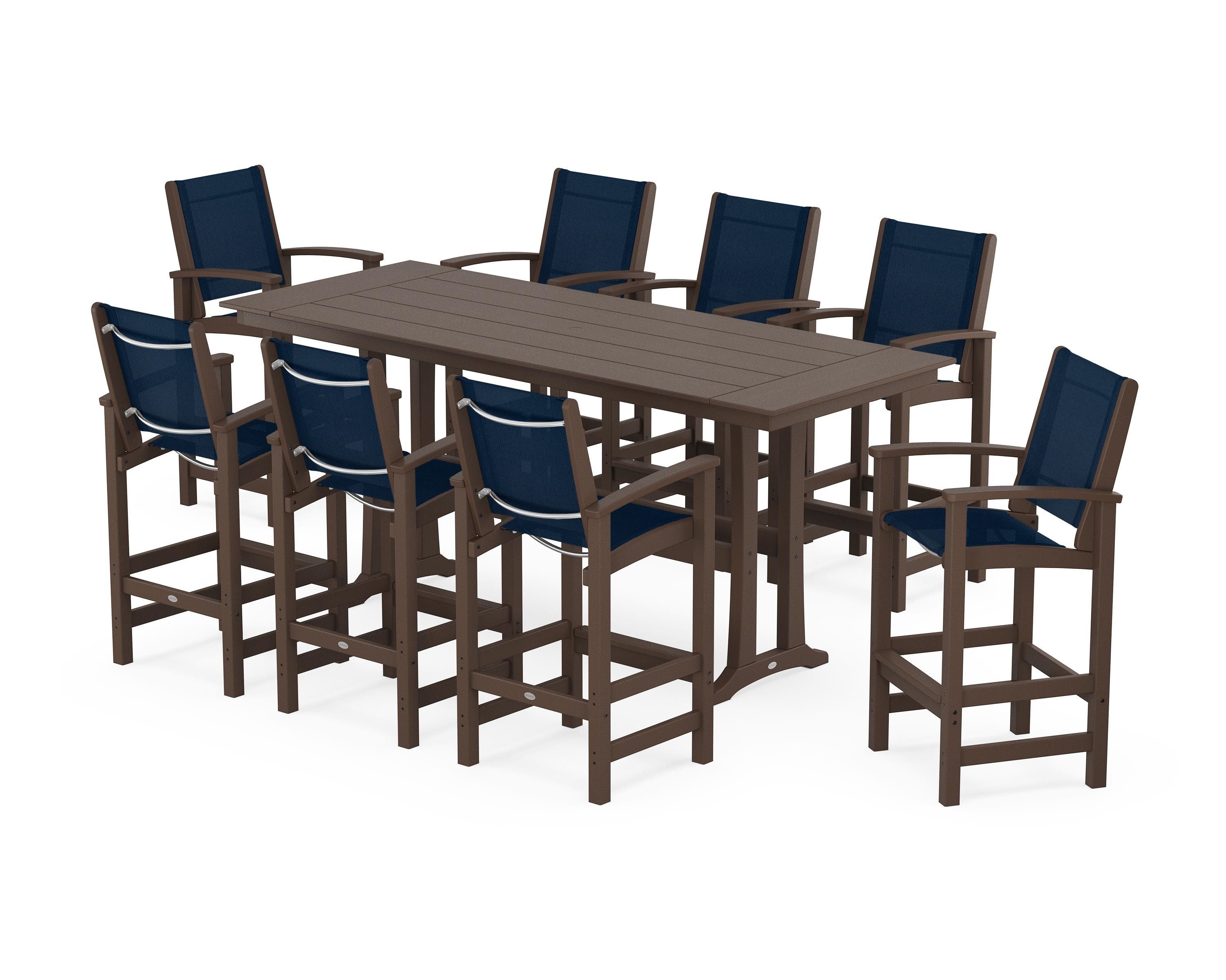 POLYWOOD® Coastal 9-Piece Farmhouse Bar Set with Trestle Legs in Mahogany / Navy Blue Sling