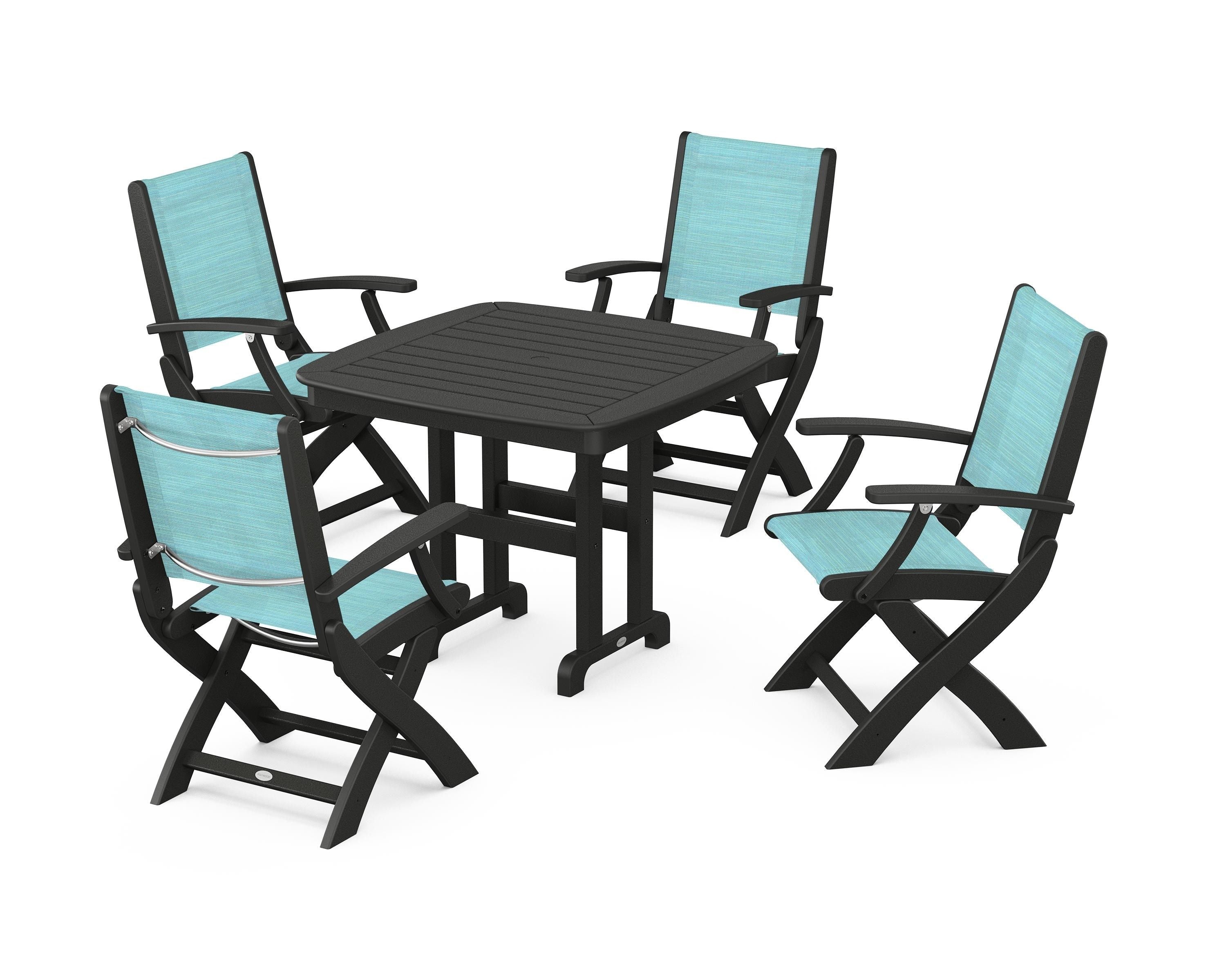 POLYWOOD® Coastal Folding Chair 5-Piece Dining Set in Black / Dupioni Aquamarine Sling