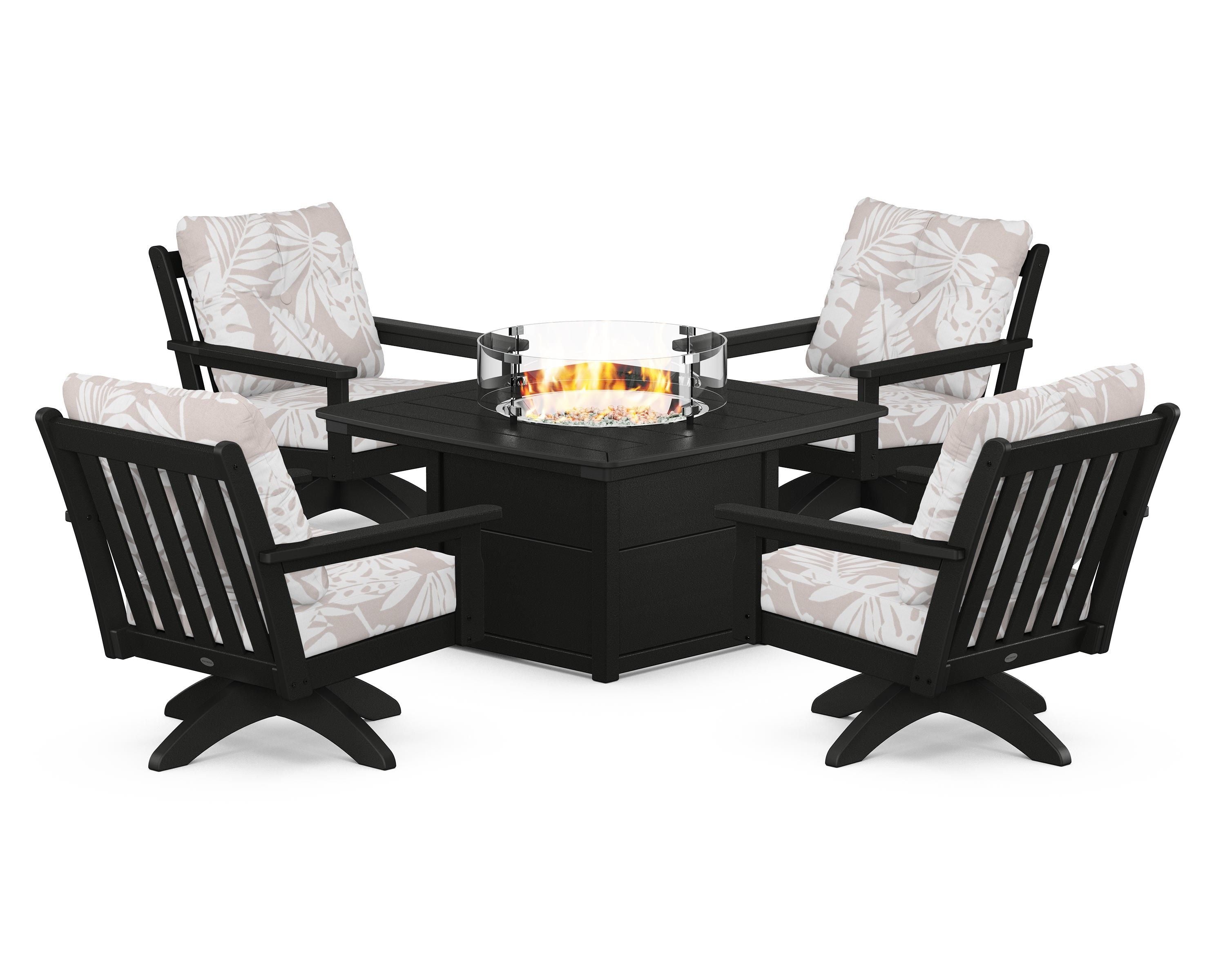 POLYWOOD® Vineyard 5-Piece Deep Seating Swivel Conversation Set with Fire Pit Table in Black / Leaf Dune Burlap