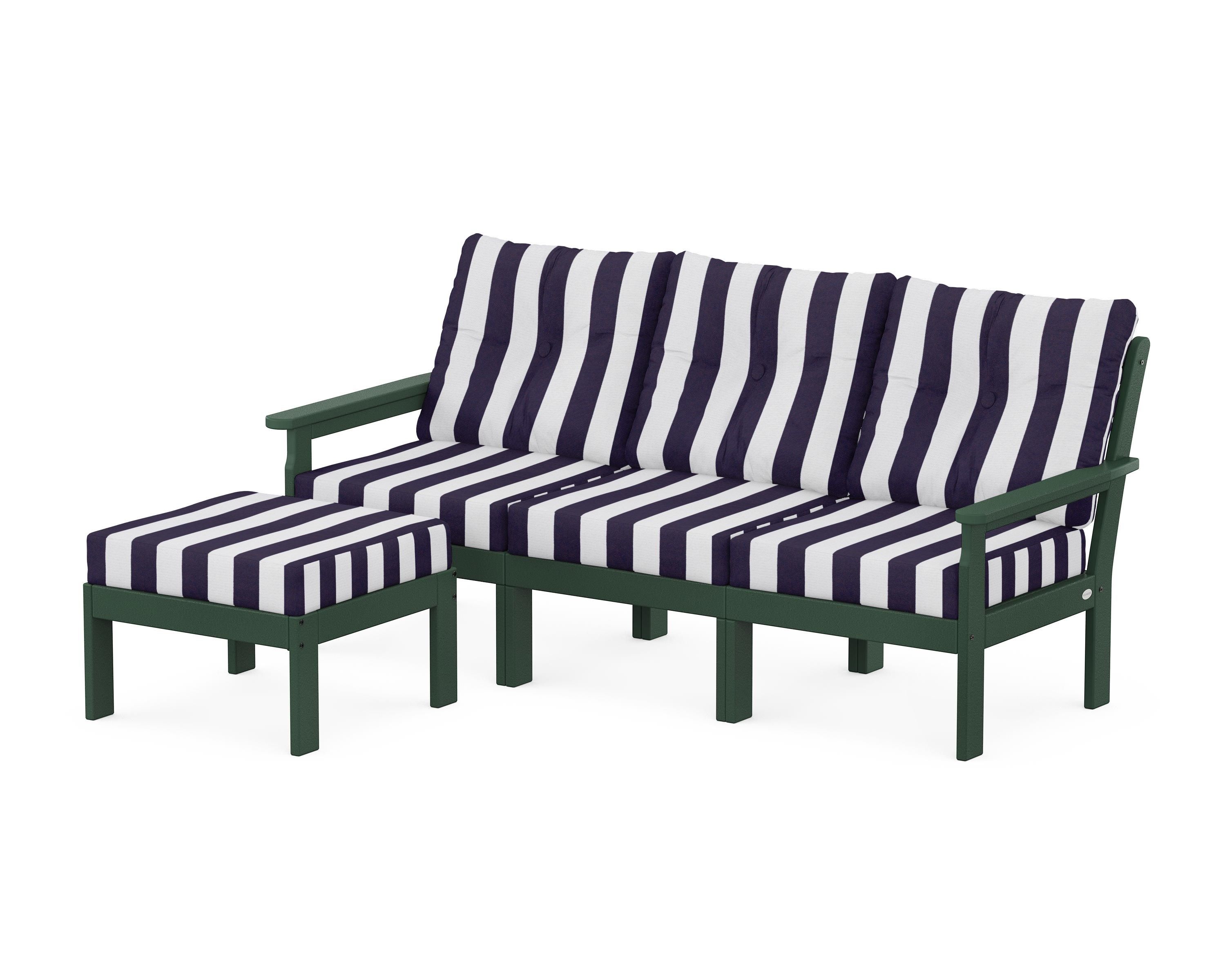 POLYWOOD® Vineyard 4-Piece Sectional with Ottoman in Green / Cabana Stripe Navy