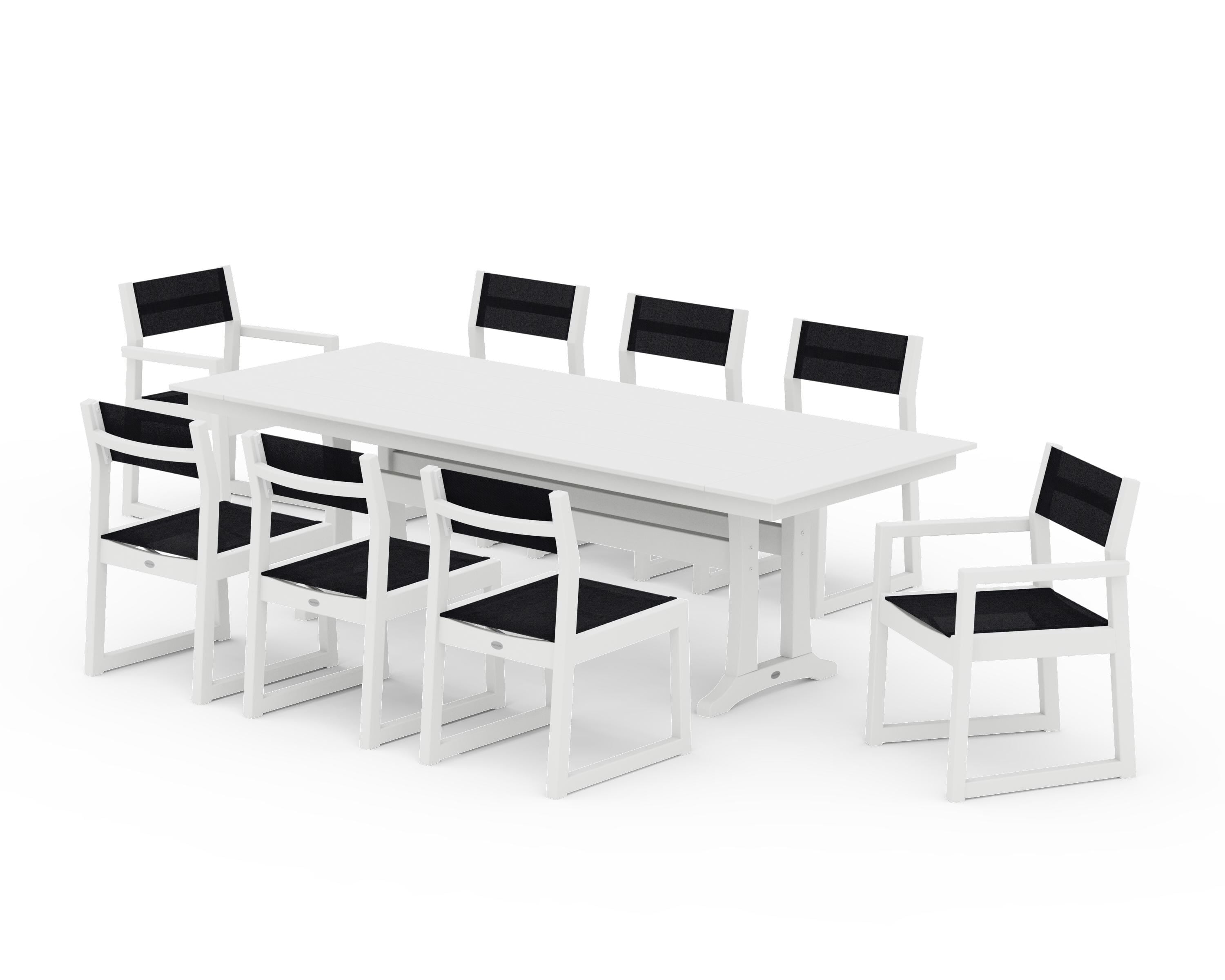 POLYWOOD® EDGE Sling 9-Piece Farmhouse Trestle Dining Set in White / Black Sling