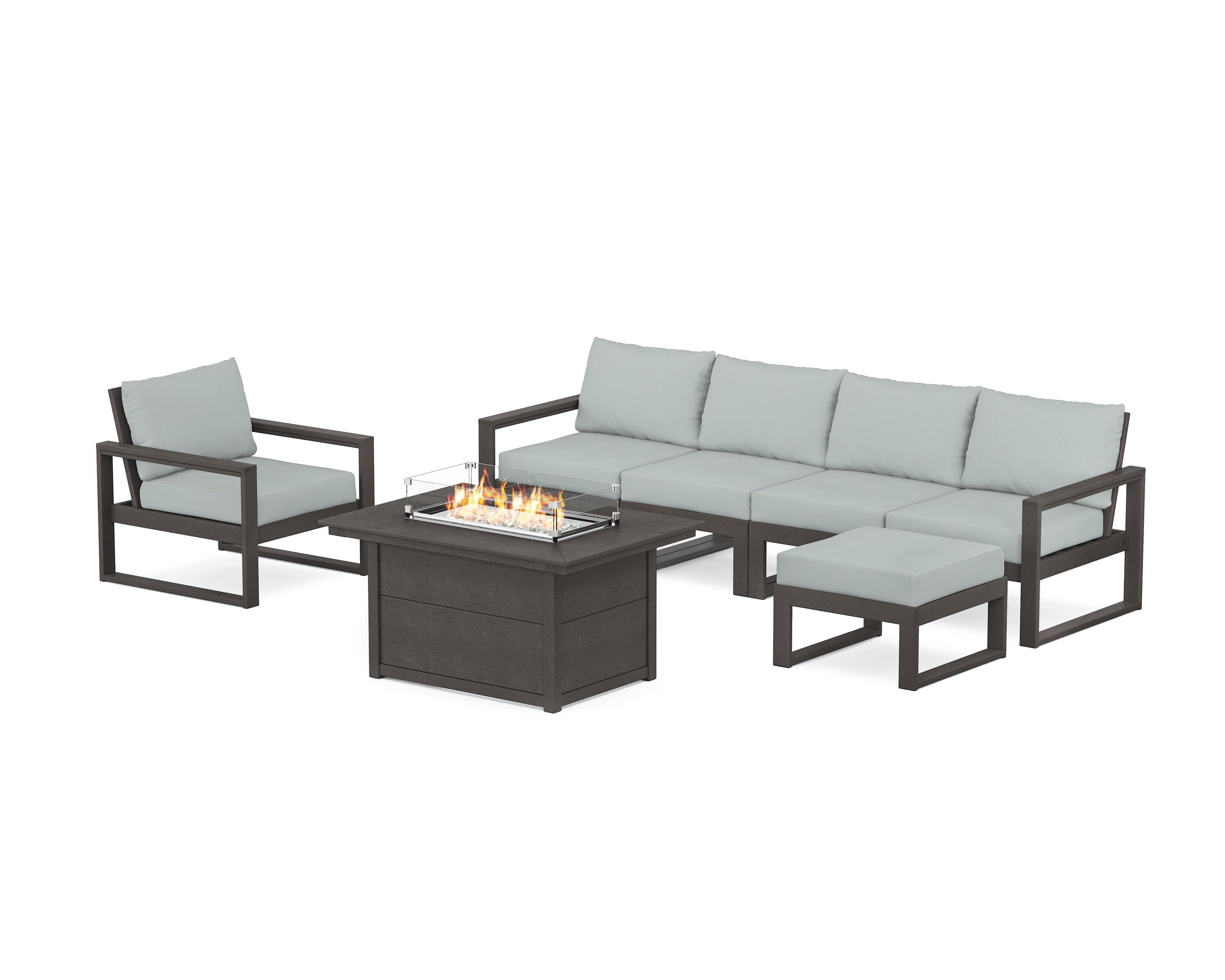 POLYWOOD® EDGE Sectional Lounge and Fire Pit Set in Vintage Coffee / Spa