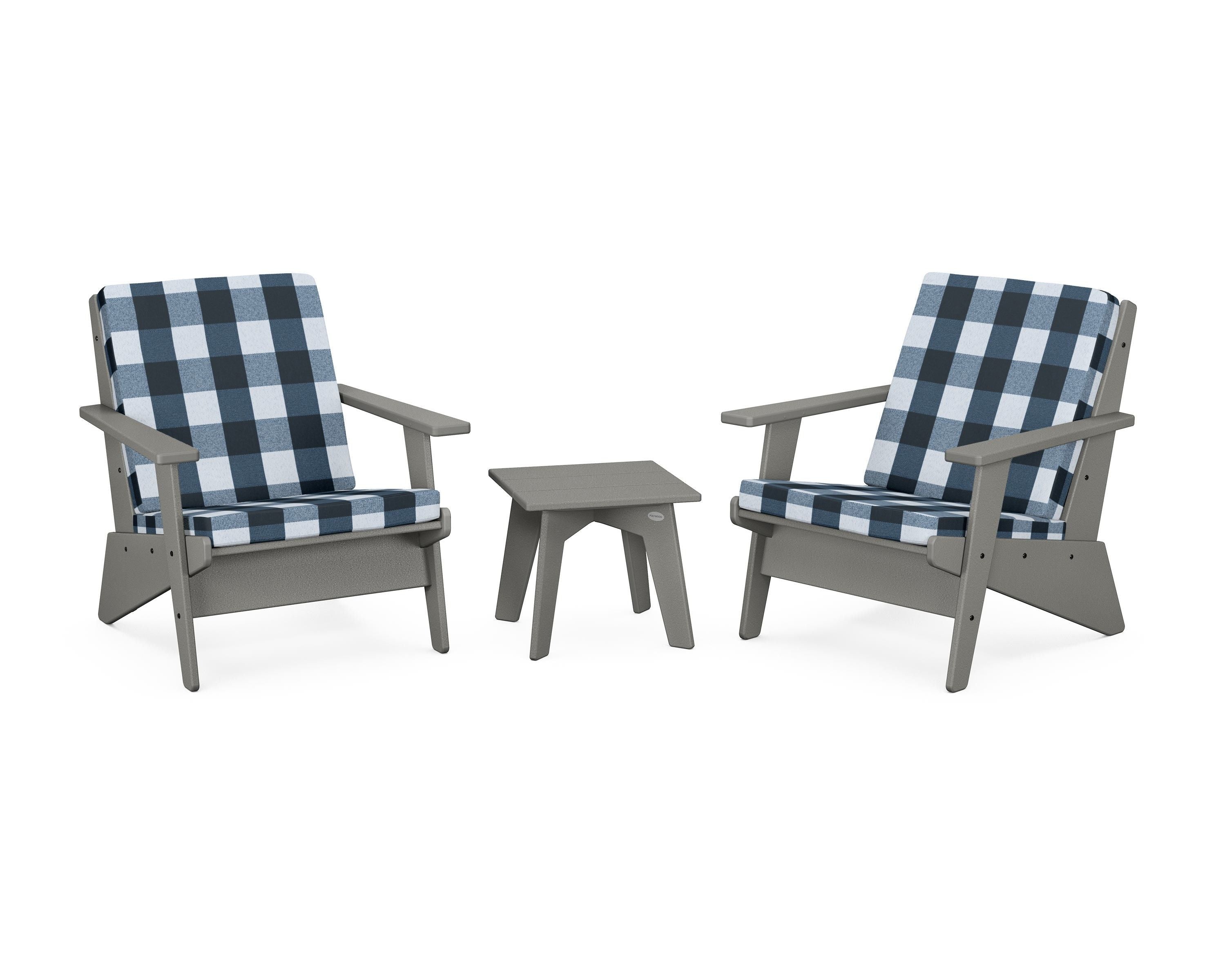 POLYWOOD® Riviera Modern Lounge 3-Piece Set in Slate Grey / Buffalo Plaid Marine Indigo
