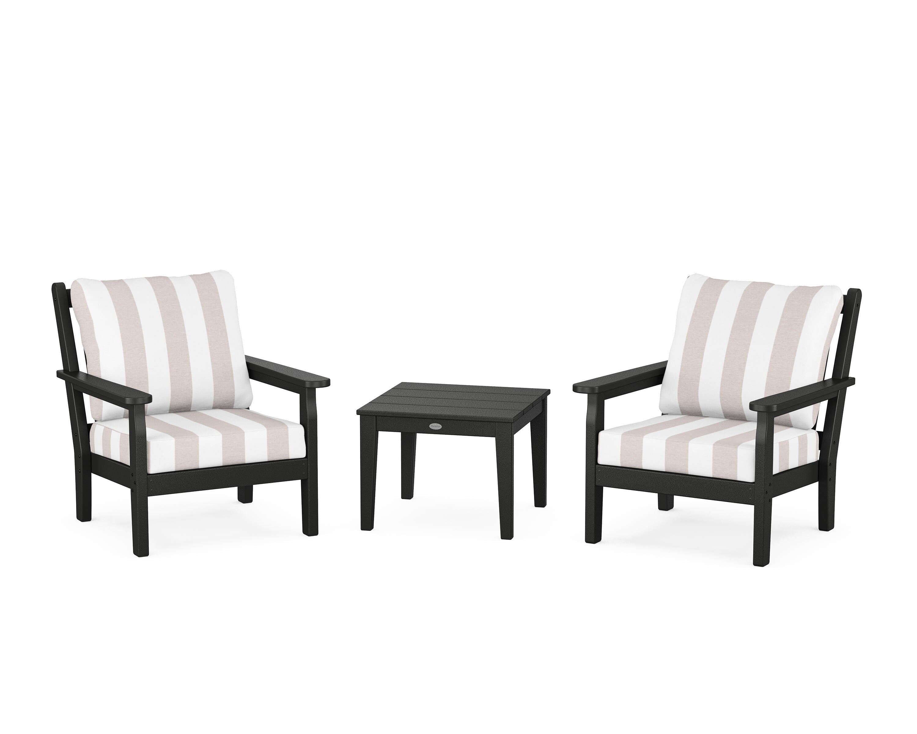 POLYWOOD® Chippendale 3-Piece Deep Seating Set in Black / Cabana Stripe Dune Burlap
