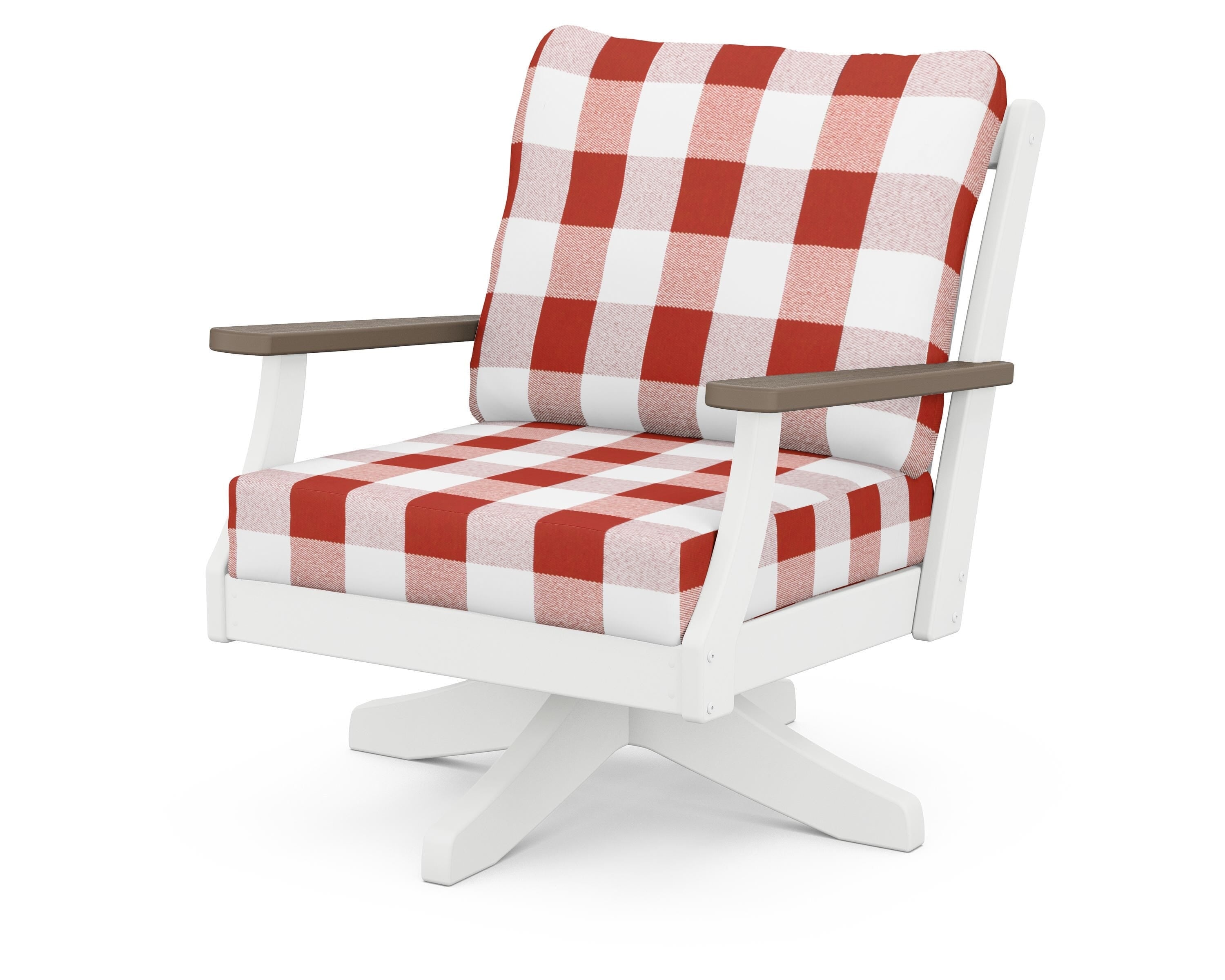 POLYWOOD® Braxton Deep Seating Swivel Chair in White / Kona / Buffalo Plaid Crimson