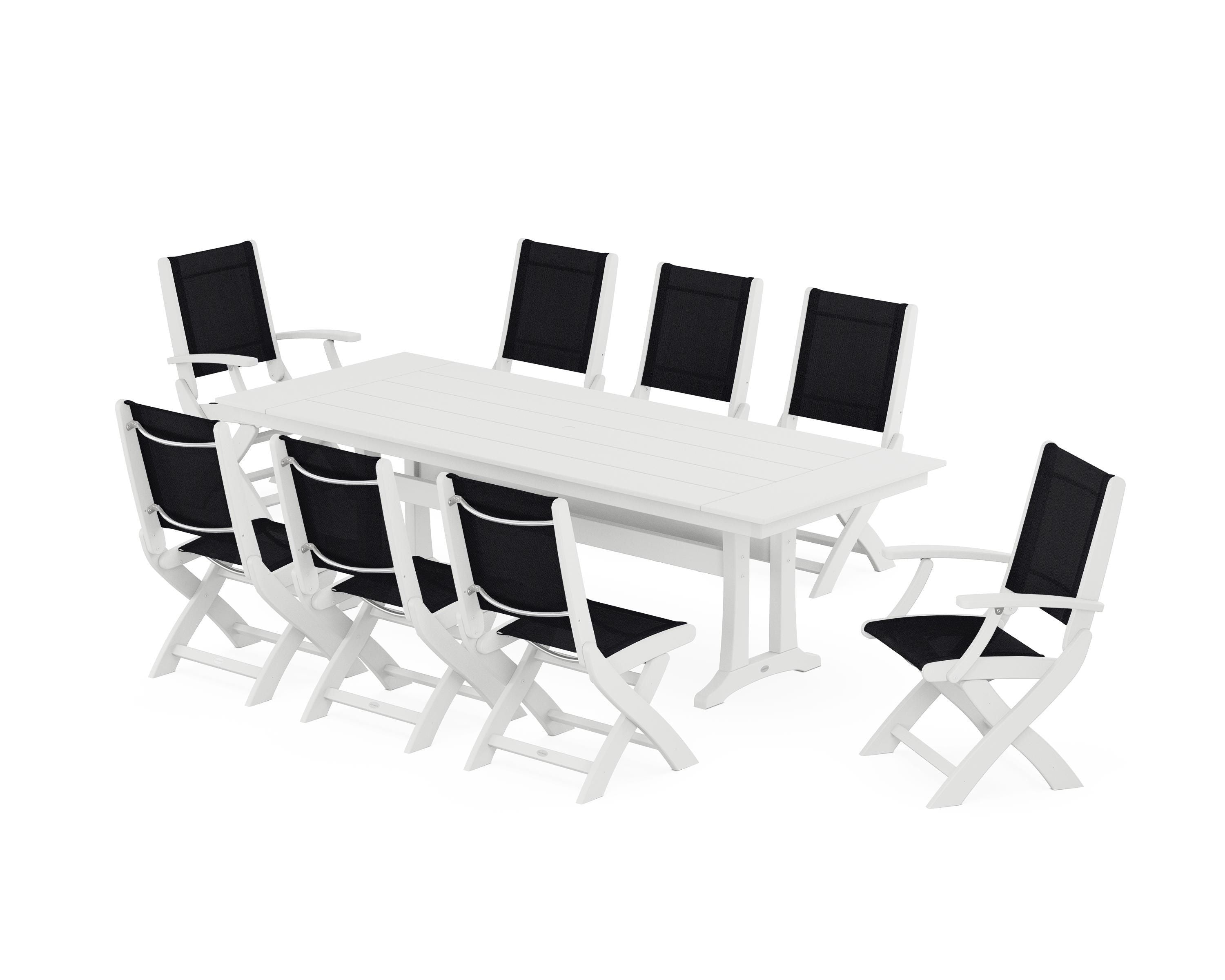 POLYWOOD® Coastal 9-Piece Folding Dining Chair Farmhouse Dining Set with Trestle Legs in White / Black Sling