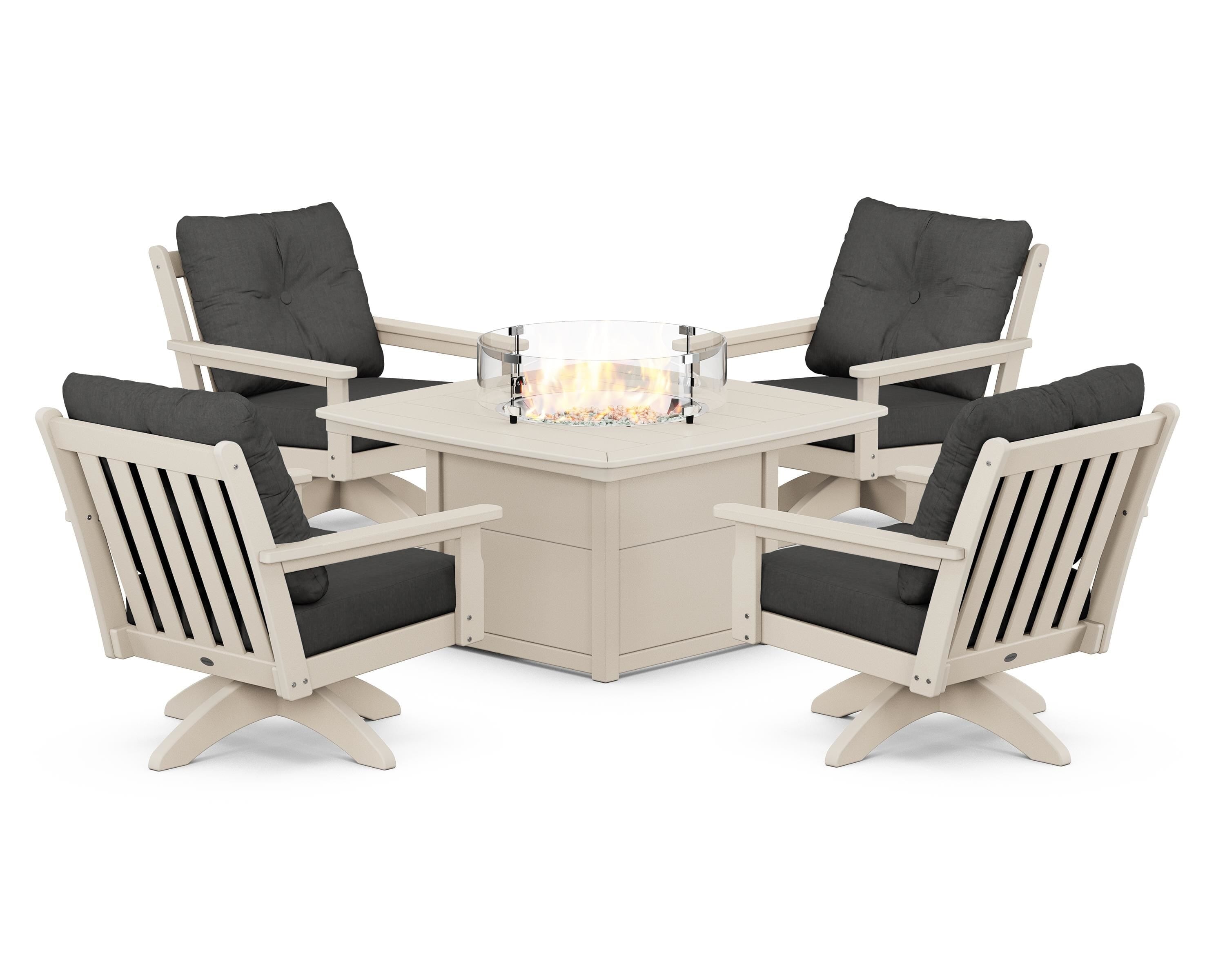 POLYWOOD® Vineyard 5-Piece Deep Seating Swivel Conversation Set with Fire Pit Table in Sand / Spectrum Carbon