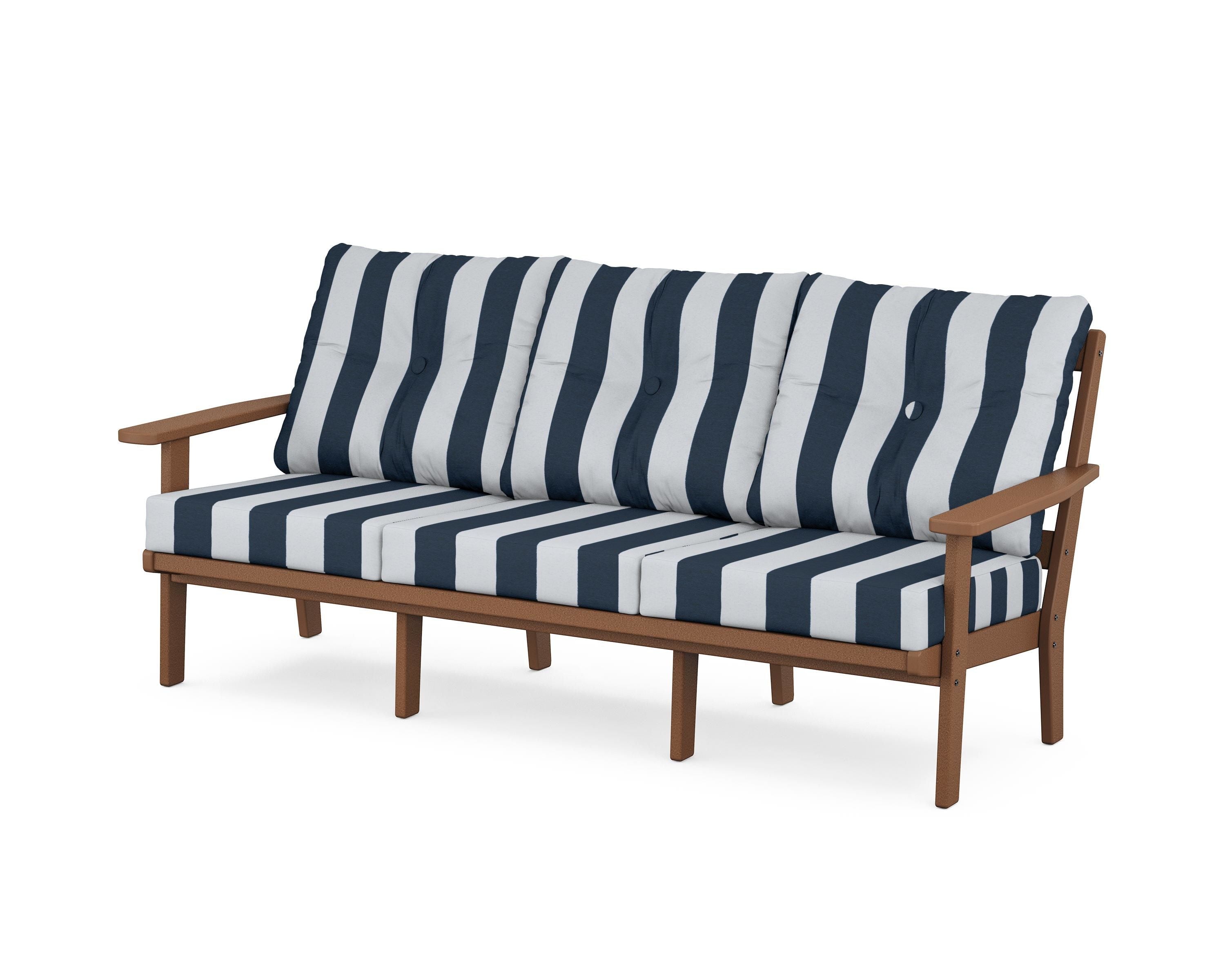 POLYWOOD® Oxford Deep Seating Sofa in Teak / Cabana Stripe Marine Indigo