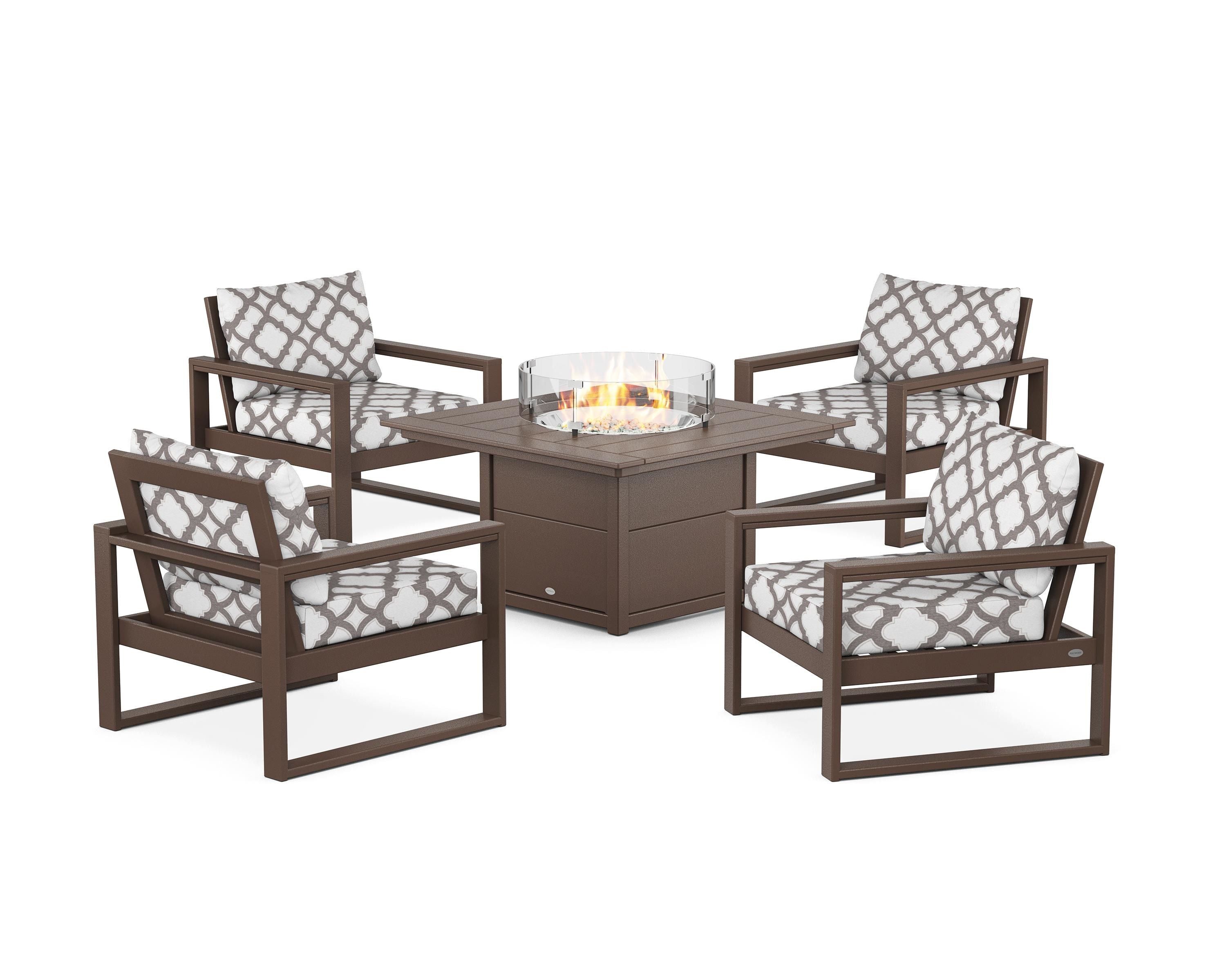 POLYWOOD® EDGE Sectional 5-Piece Deep Seating Set with Fire Pit Table in Mahogany / Trellis Grey Mist
