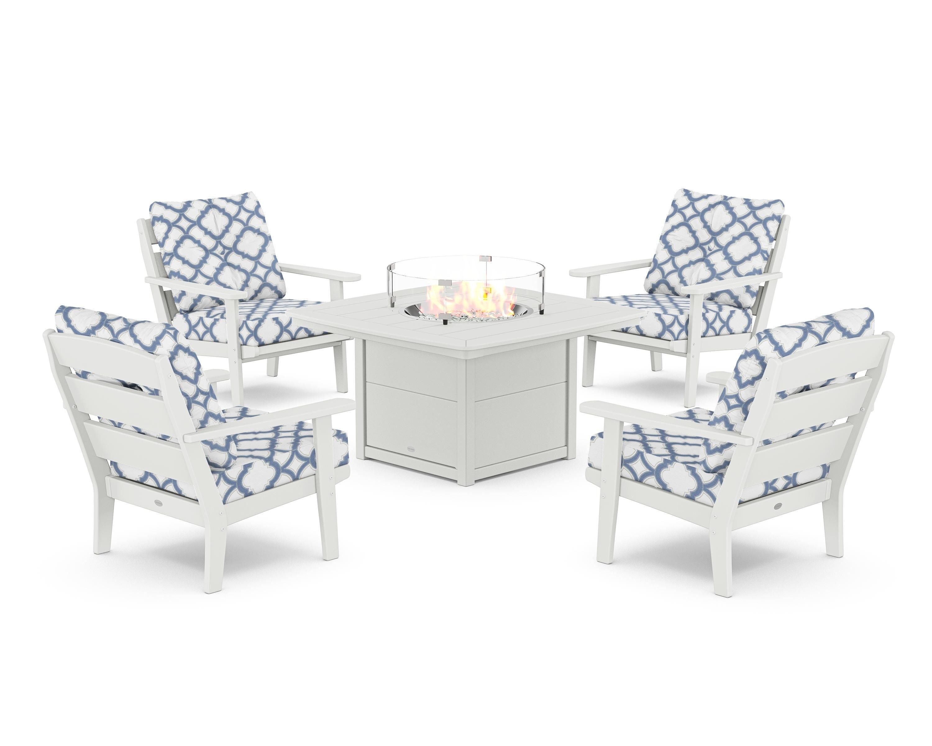 POLYWOOD® Lakeside 5-Piece Deep Seating Set with Nautical Fire Pit Table in White / Trellis Sky Blue