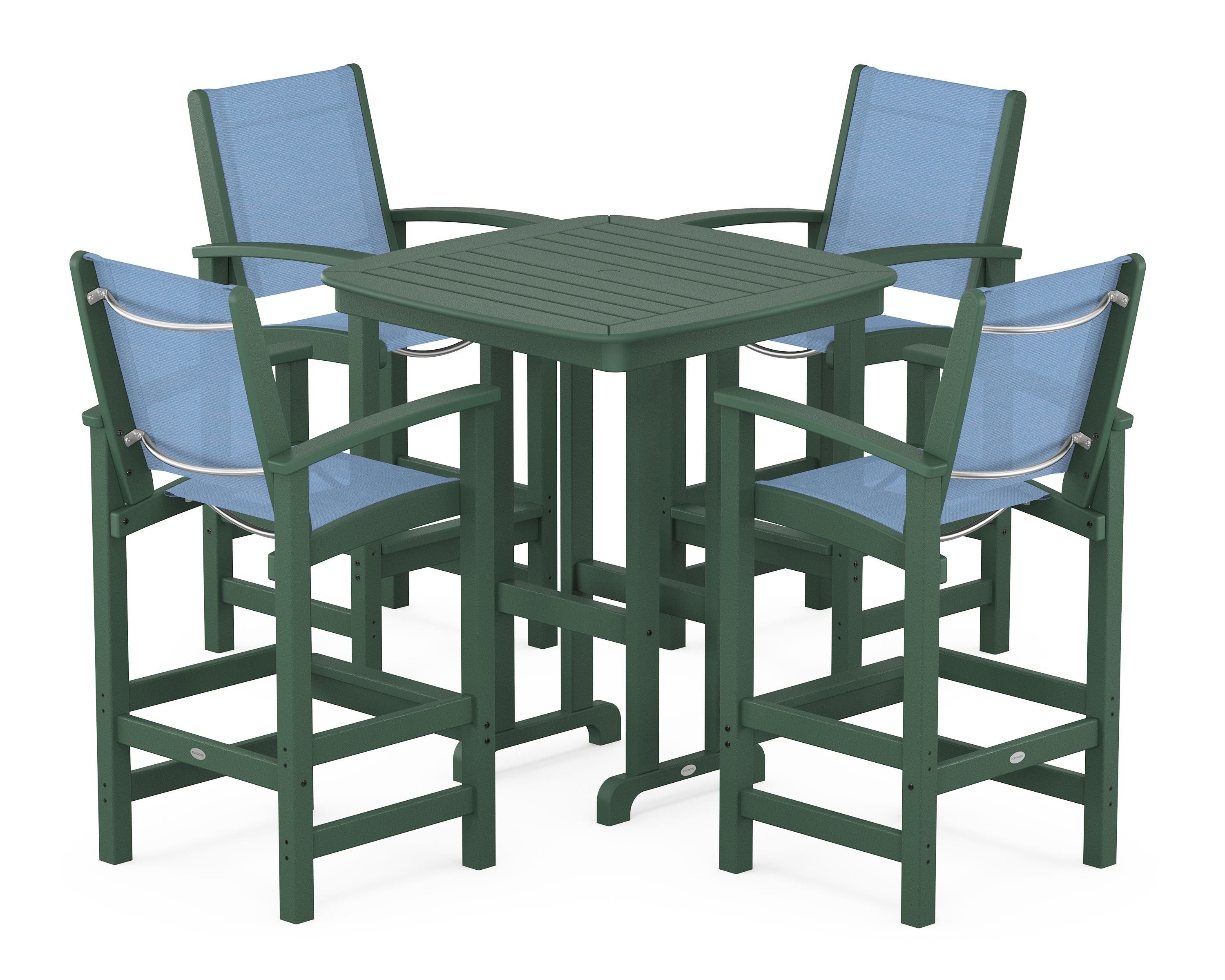 POLYWOOD® Coastal 5-Piece Bar Set in Green / Poolside Sling