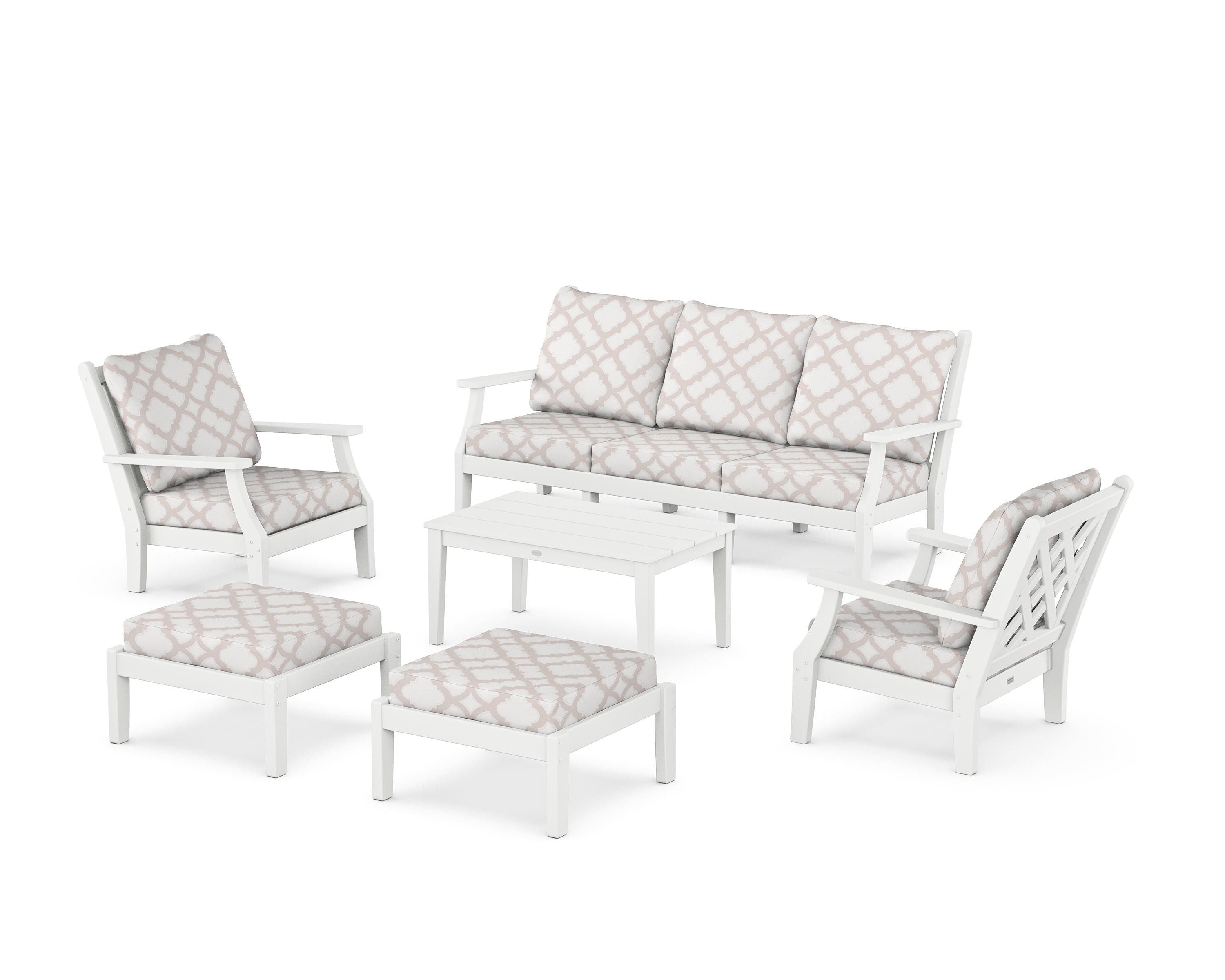 Country Living Wovendale 6-Piece Lounge Sofa Set in White / Trellis Dune Burlap