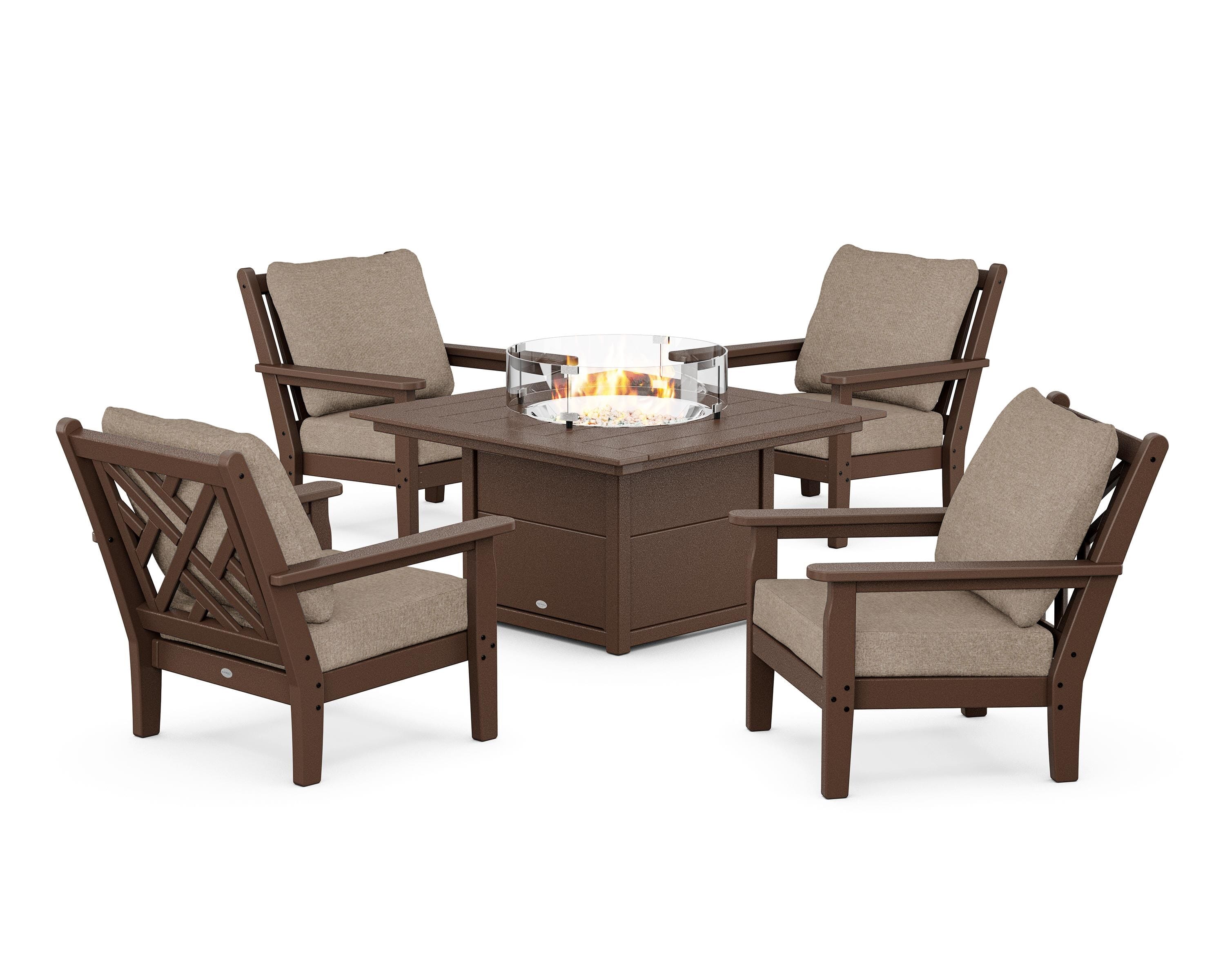 POLYWOOD® Chippendale 5-Piece Deep Seating Set with Fire Pit Table in Mahogany / Spiced Burlap