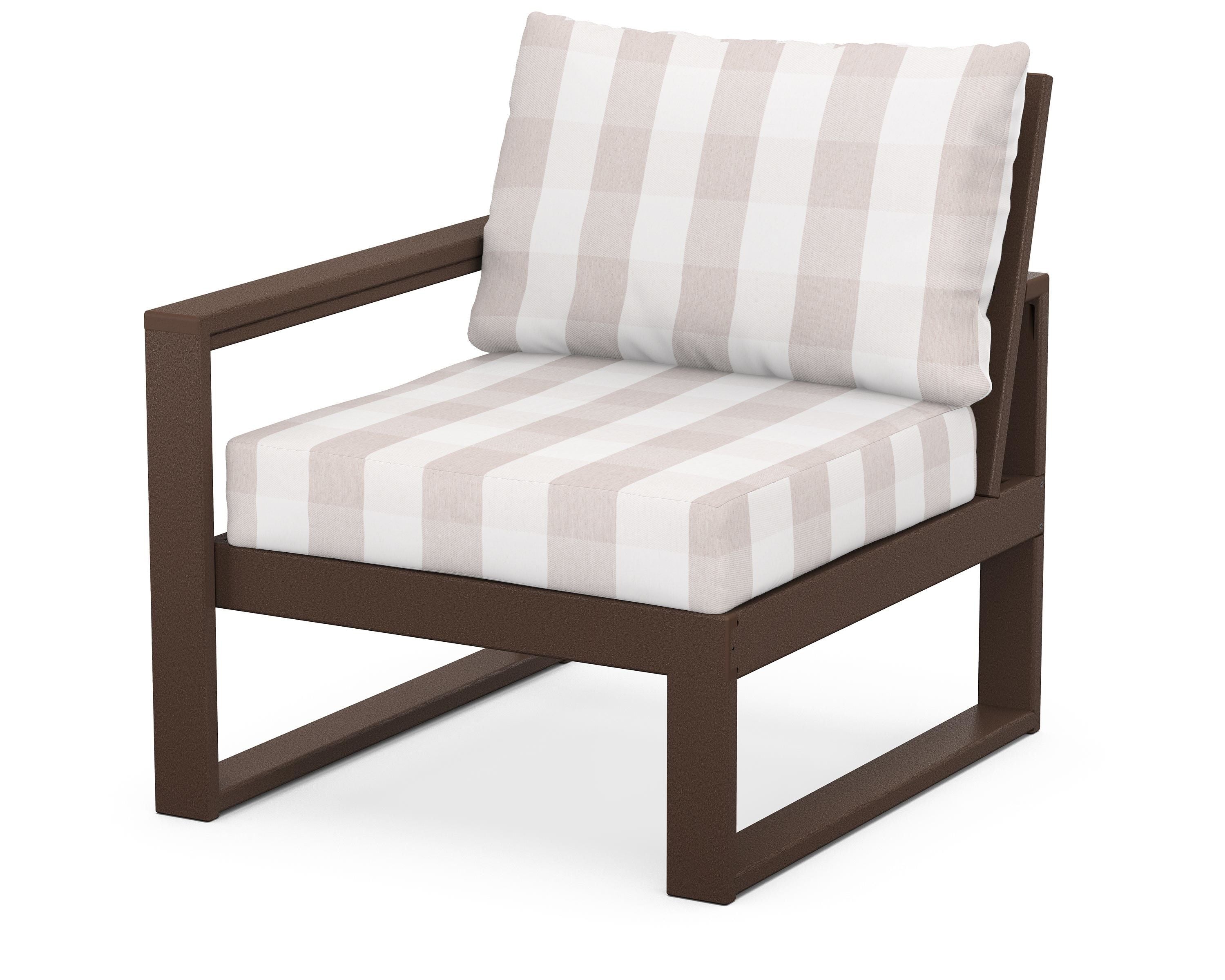 POLYWOOD® EDGE Modular Left Arm Chair in Mahogany / Buffalo Plaid Dune Burlap
