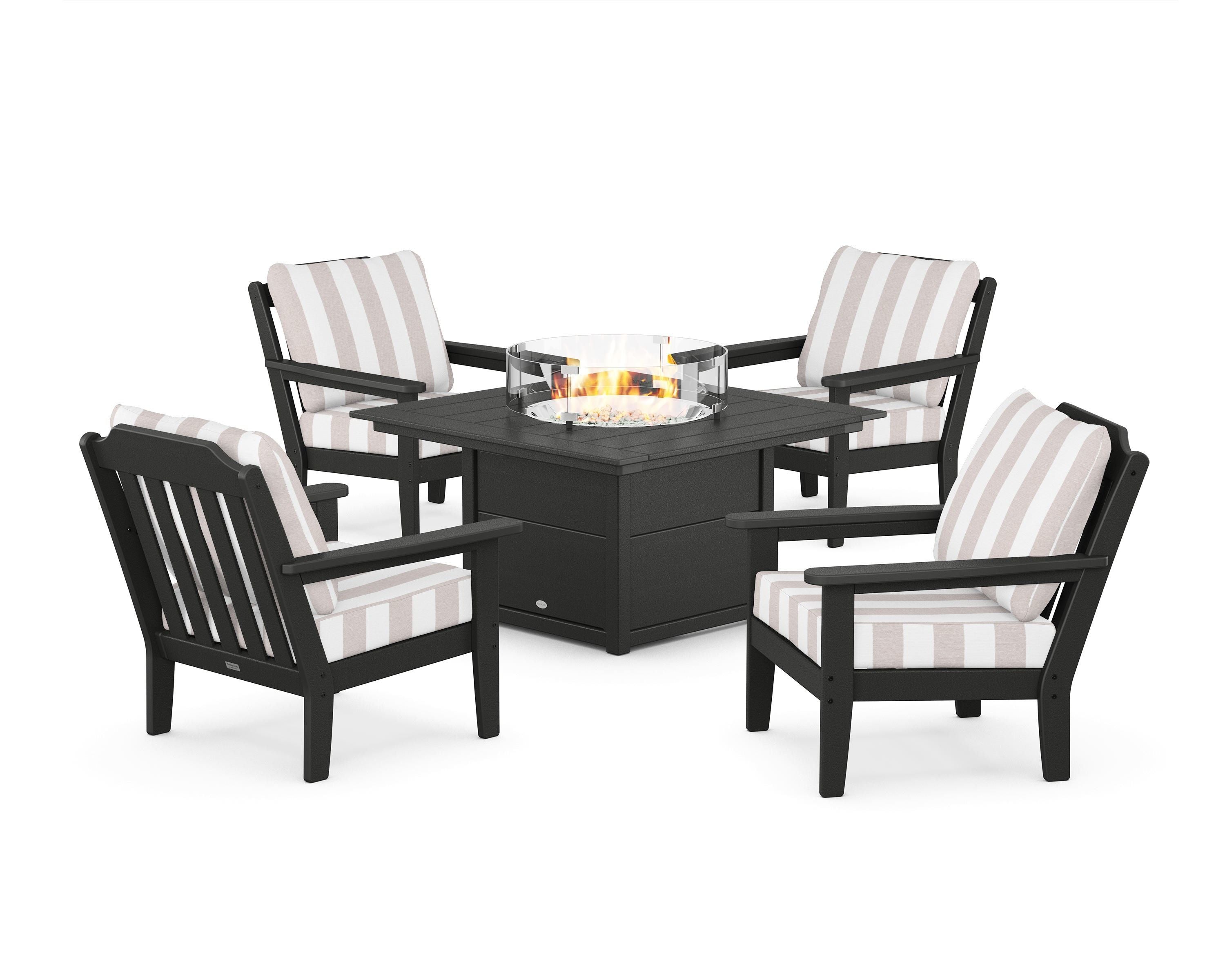 Country Living Cottage 5-Piece Deep Seating Set with Fire Pit Table in Black / Cabana Stripe Dune Burlap