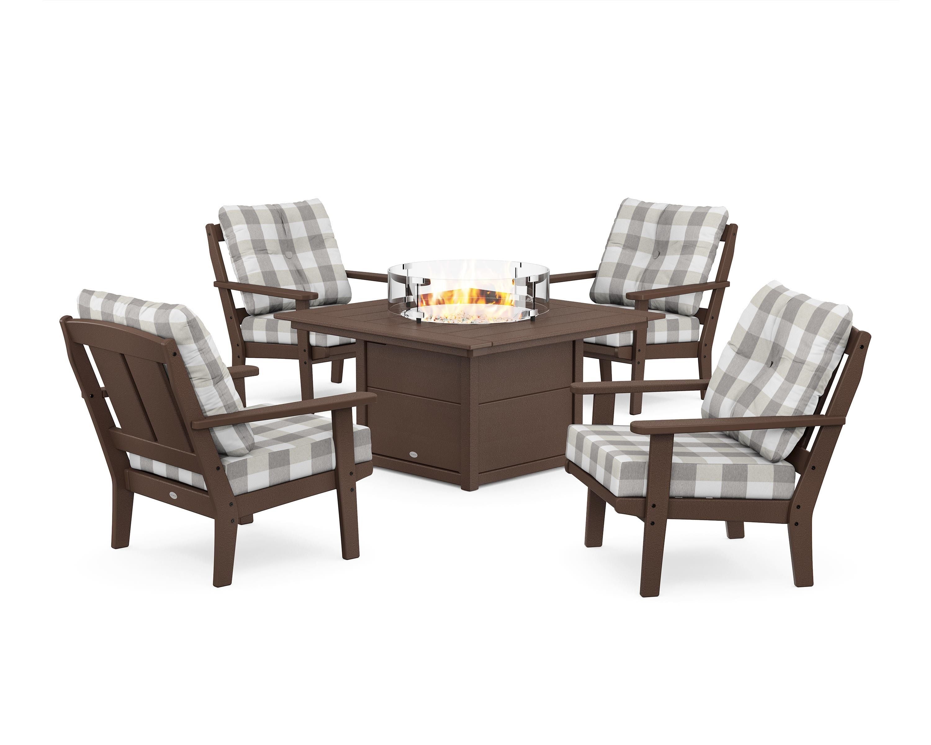 POLYWOOD® Mission 5-Piece Deep Seating Set with Fire Pit Table in Mahogany / Buffalo Plaid Grey Mist