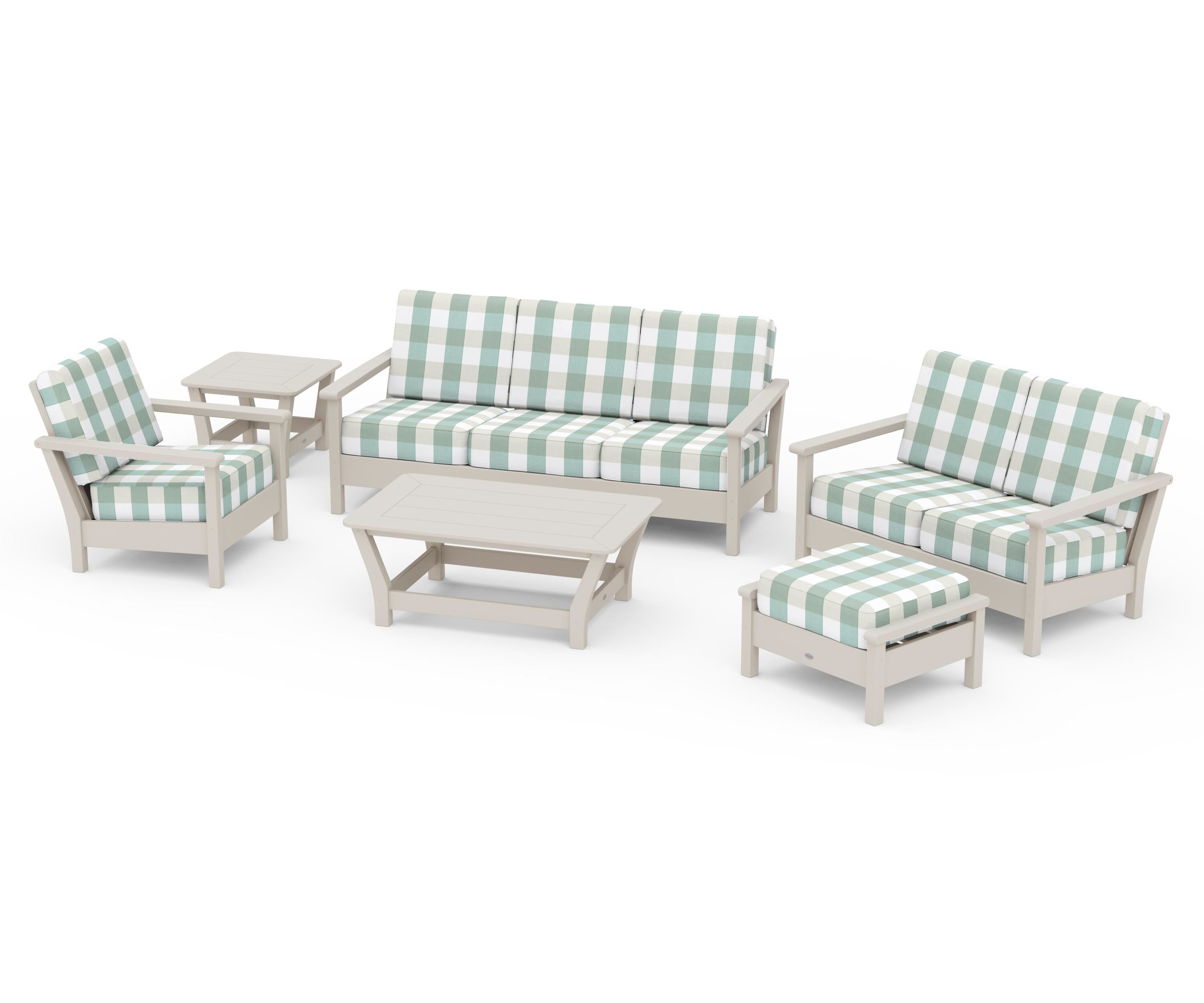 POLYWOOD® Harbour 6-Piece Outdoor Living Set in Sand / Buffalo Plaid Glacier Spa