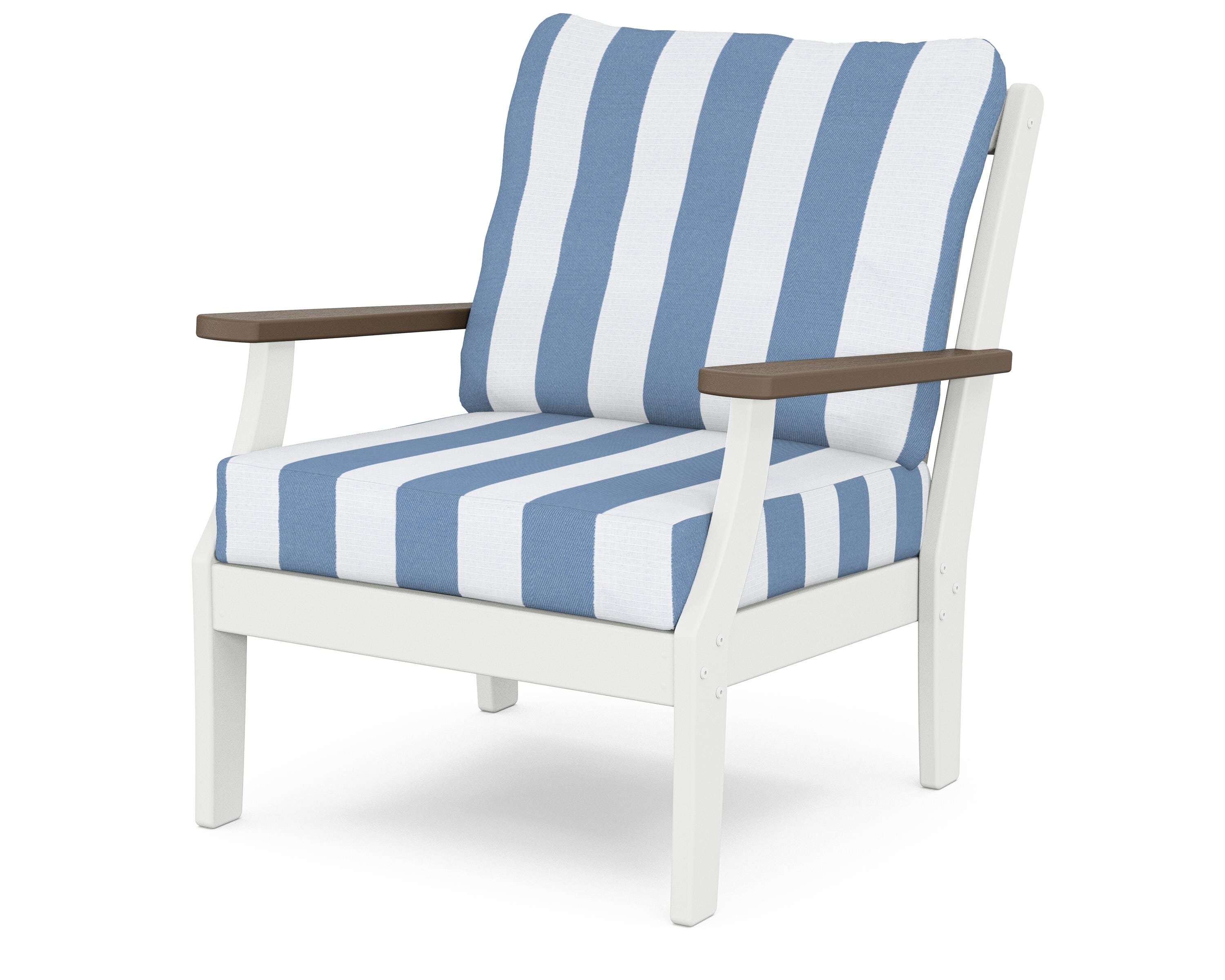 POLYWOOD® Braxton Deep Seating Chair in White / Kona / Cabana Stripe Sky Blue