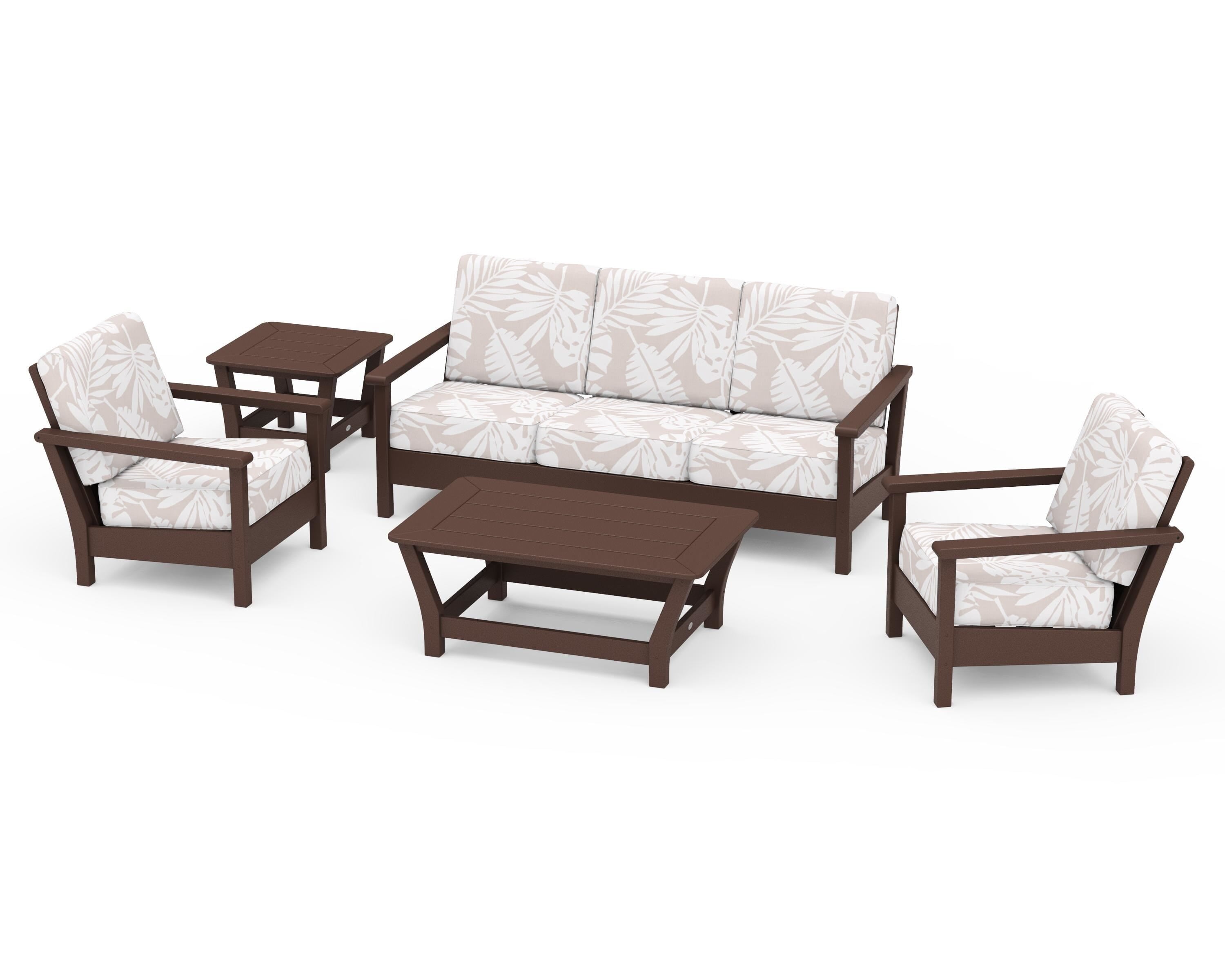 POLYWOOD® Harbour 5-Piece Deep Seating Set in Mahogany / Leaf Dune Burlap