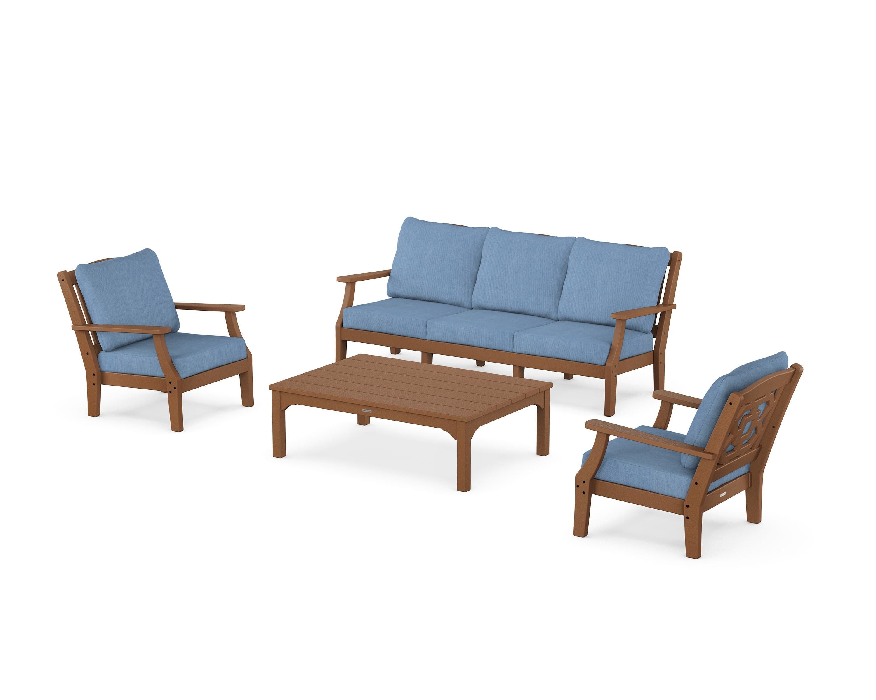 Martha Stewart by POLYWOOD® Chinoiserie 4-Piece Deep Seating Set with Sofa in Teak / Sky Blue