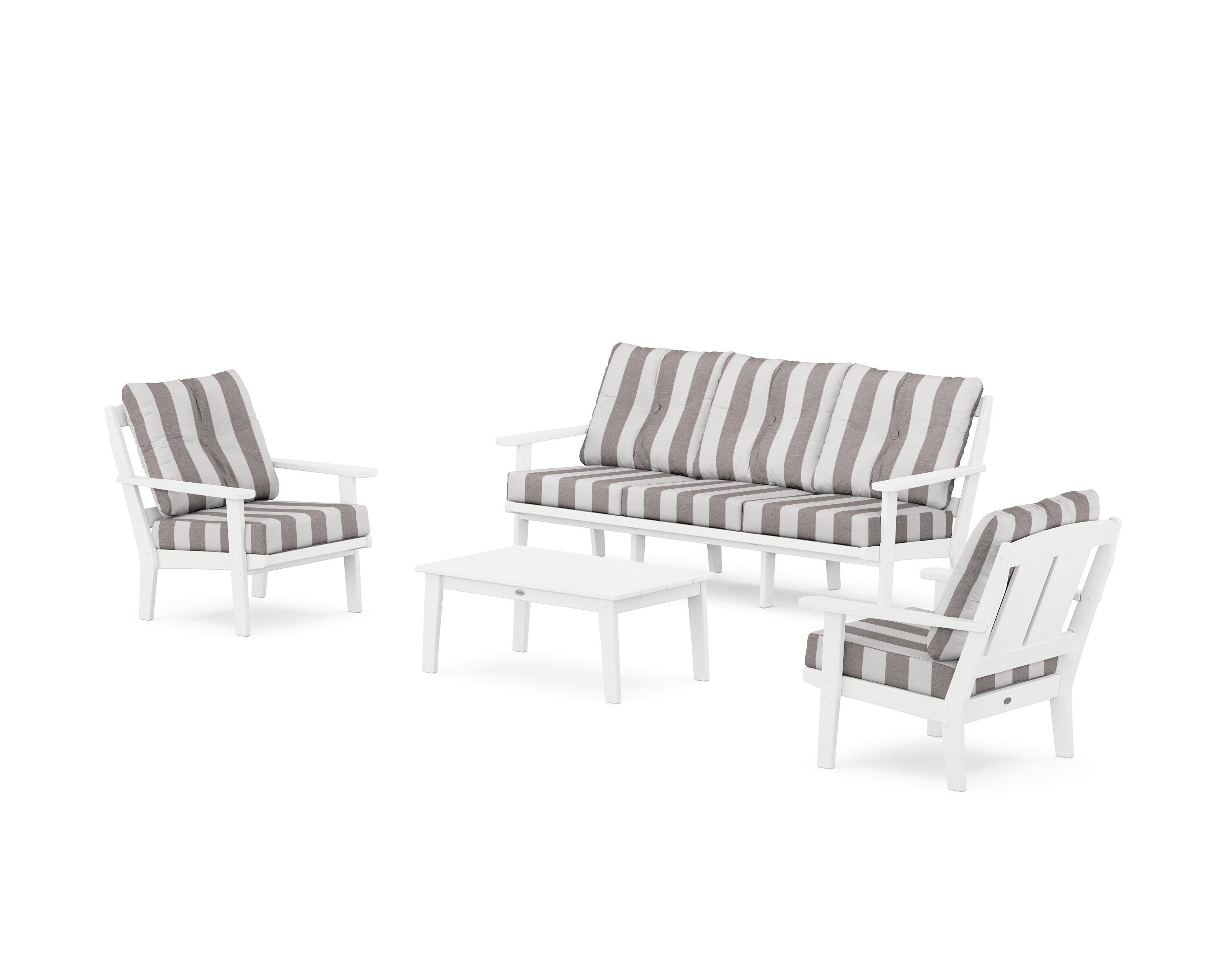 POLYWOOD® Mission 4-Piece Deep Seating Set with Sofa in White / Cabana Stripe Grey Mist