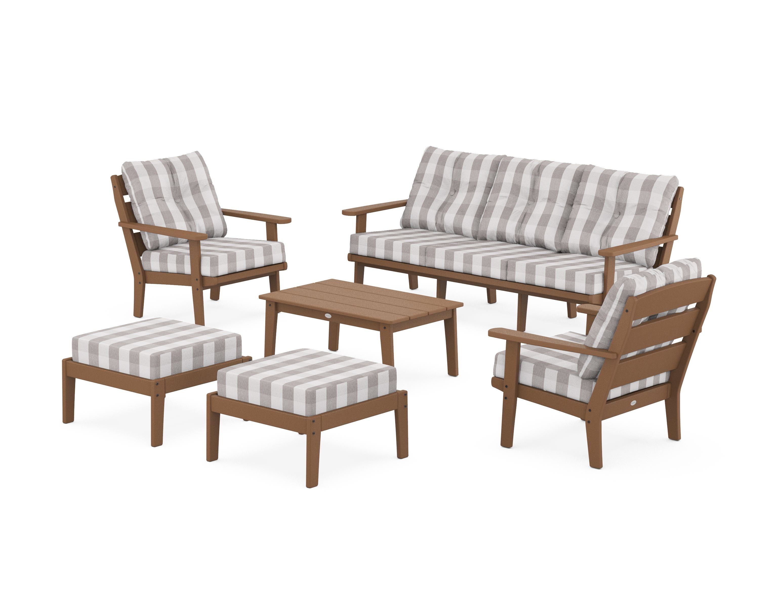 POLYWOOD® Lakeside 6-Piece Lounge Sofa Set in Teak / Buffalo Plaid Grey Mist