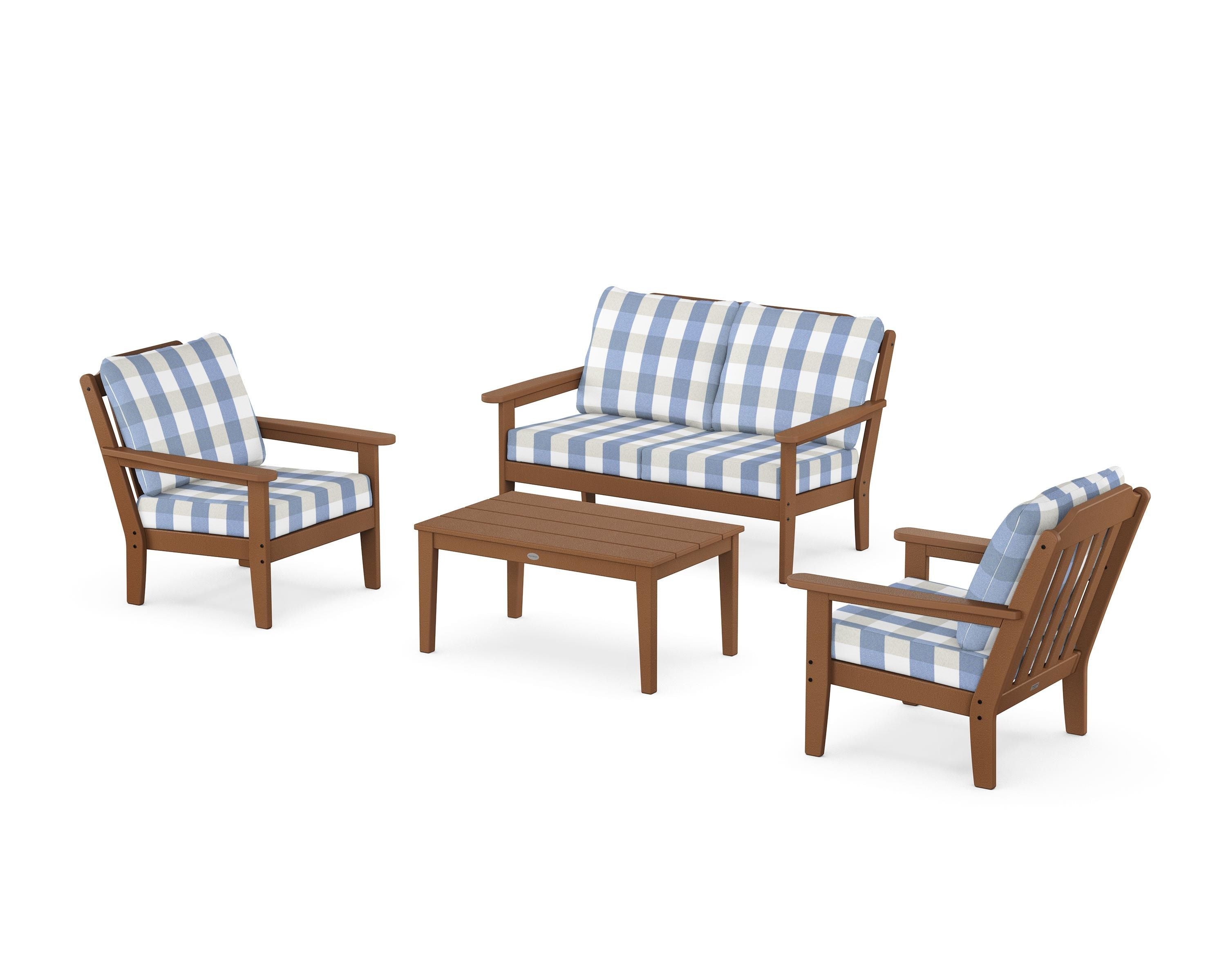 Country Living Cottage 4-Piece Deep Seating Set with Loveseat in Teak / Buffalo Plaid Sky Blue
