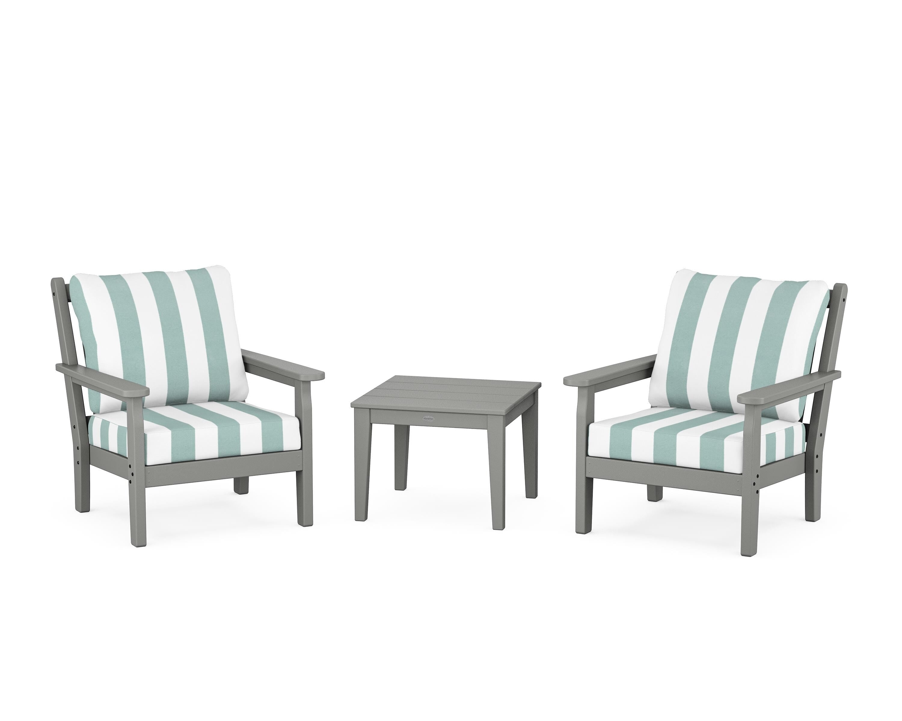 POLYWOOD® Chippendale 3-Piece Deep Seating Set in Slate Grey / Cabana Stripe Glacier Spa