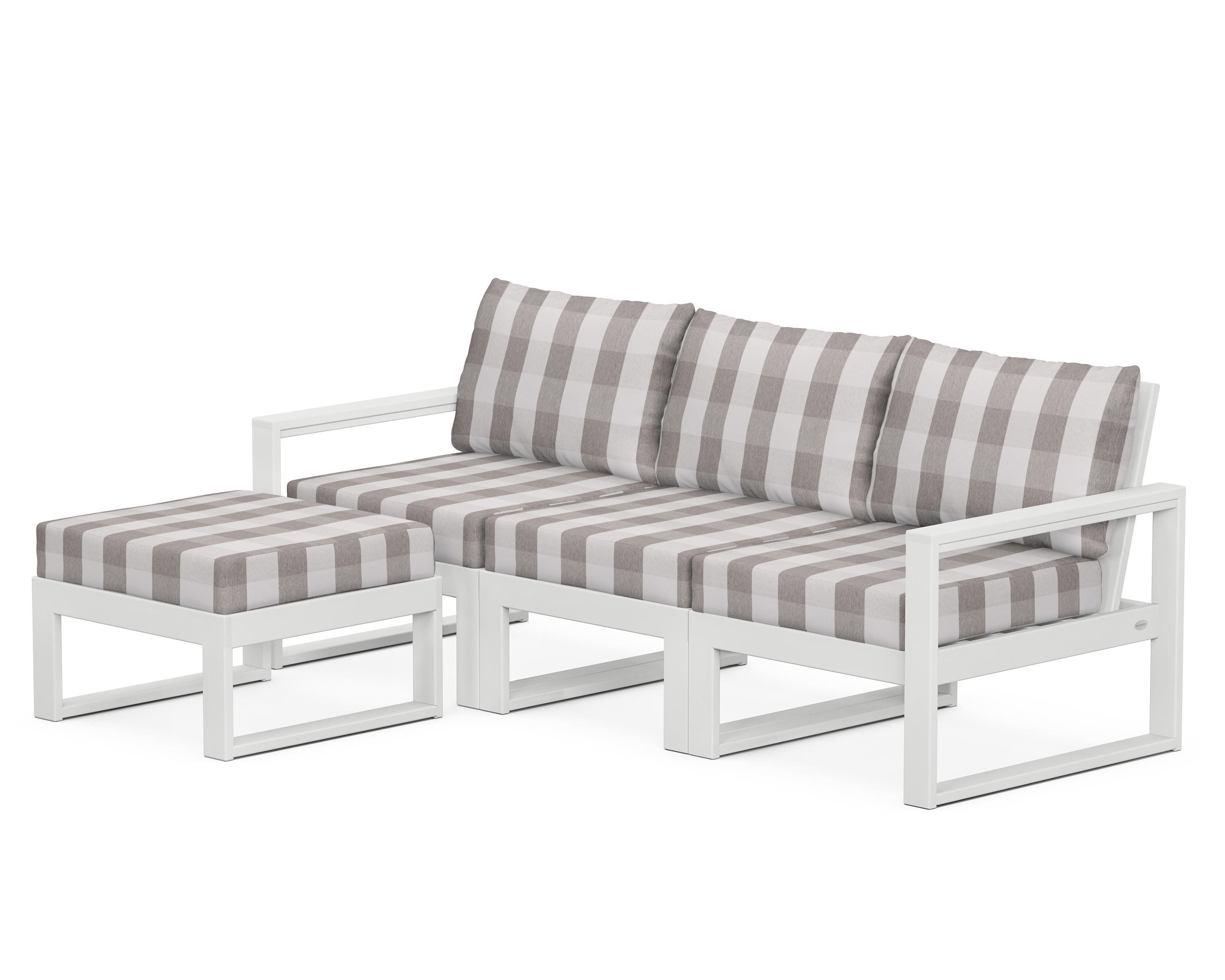 POLYWOOD® EDGE 4-Piece Modular Deep Seating Set with Ottoman in White / Buffalo Plaid Grey Mist