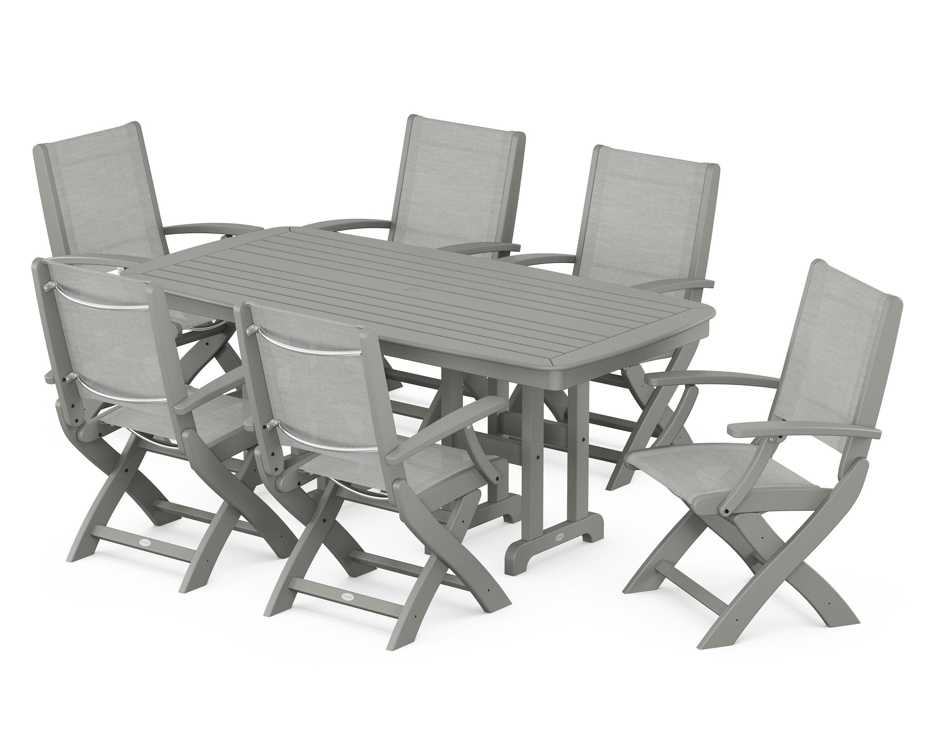 POLYWOOD® Coastal Folding Arm Chair 7-Piece Dining Set in Slate Grey / Metallic Sling