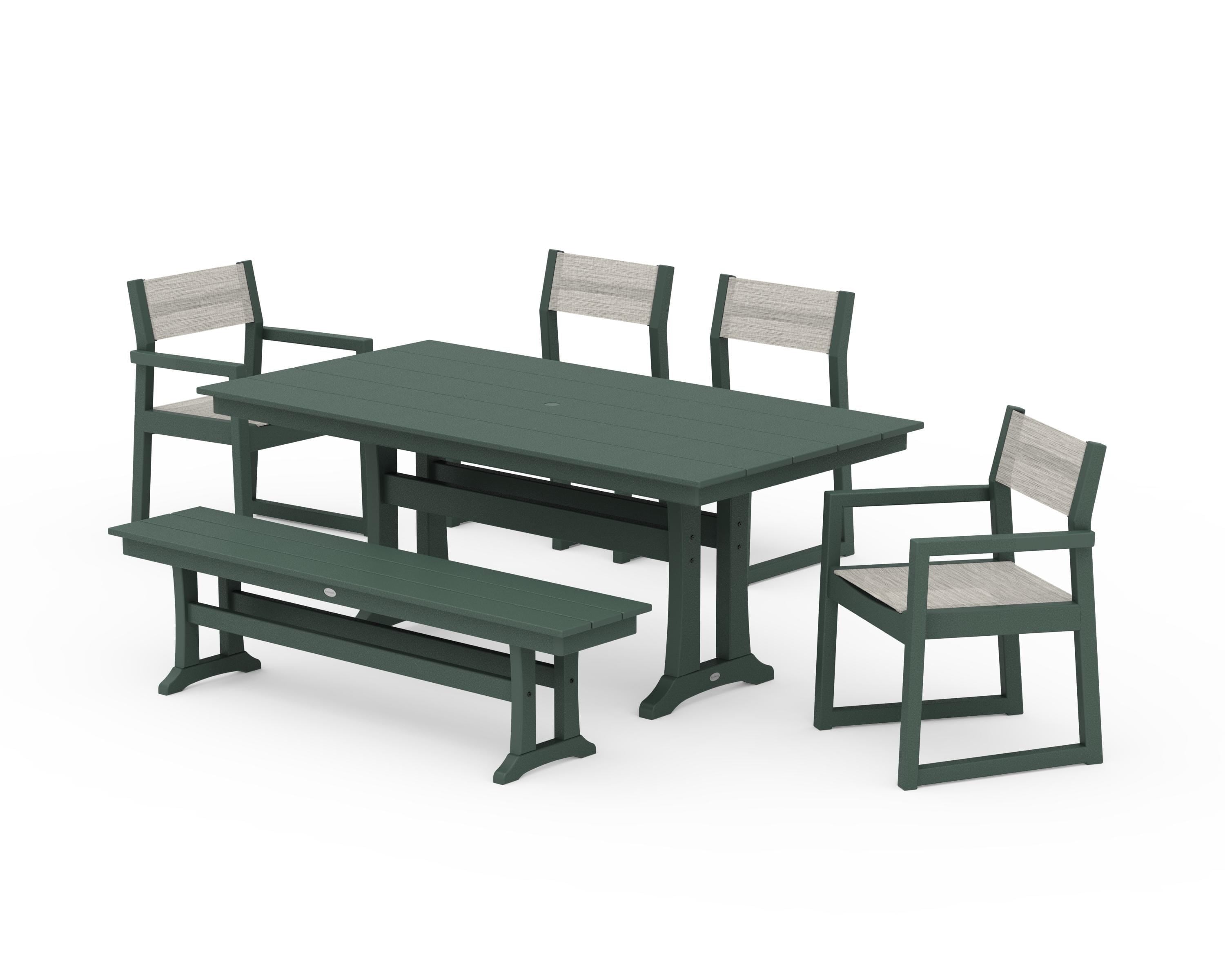 POLYWOOD® EDGE Sling 6-Piece Farmhouse Dining Set With Trestle Legs in Green / Birch Sling