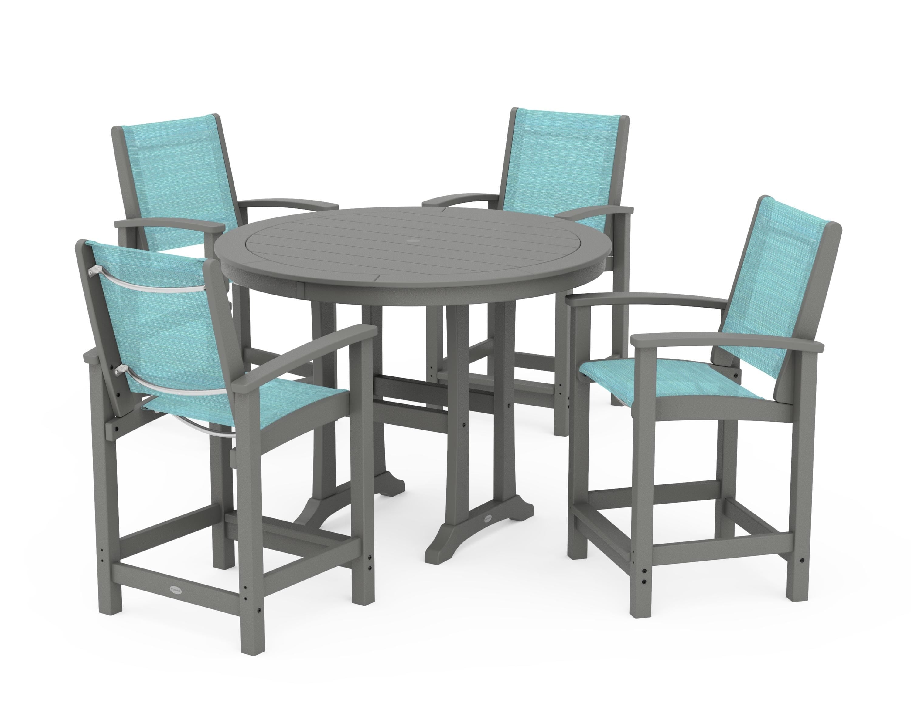 POLYWOOD® Coastal 5-Piece Counter Set in Slate Grey / Dupioni Aquamarine Sling