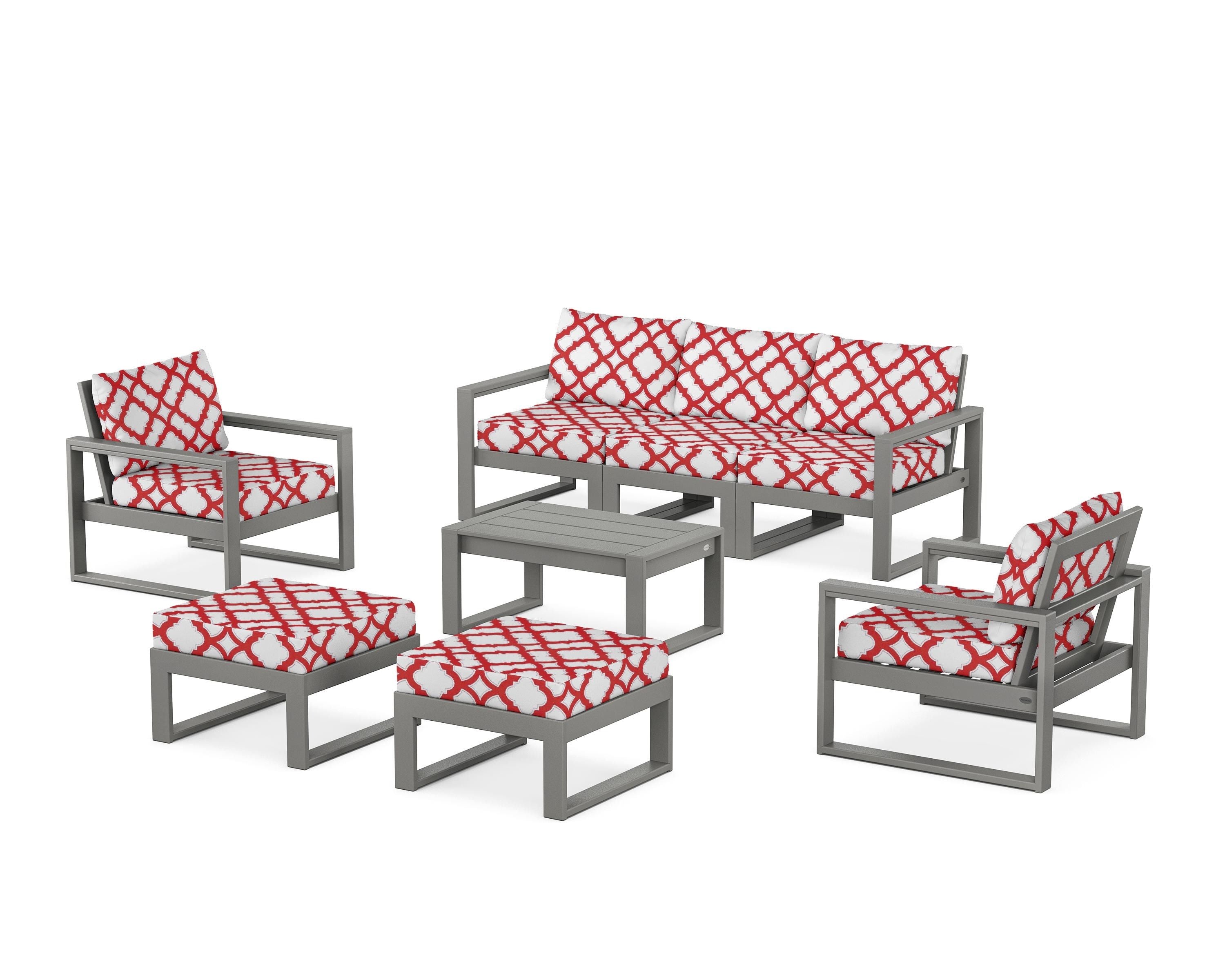 POLYWOOD® EDGE Sectional 8-Piece Lounge Sofa Set in Slate Grey / Trellis Crimson