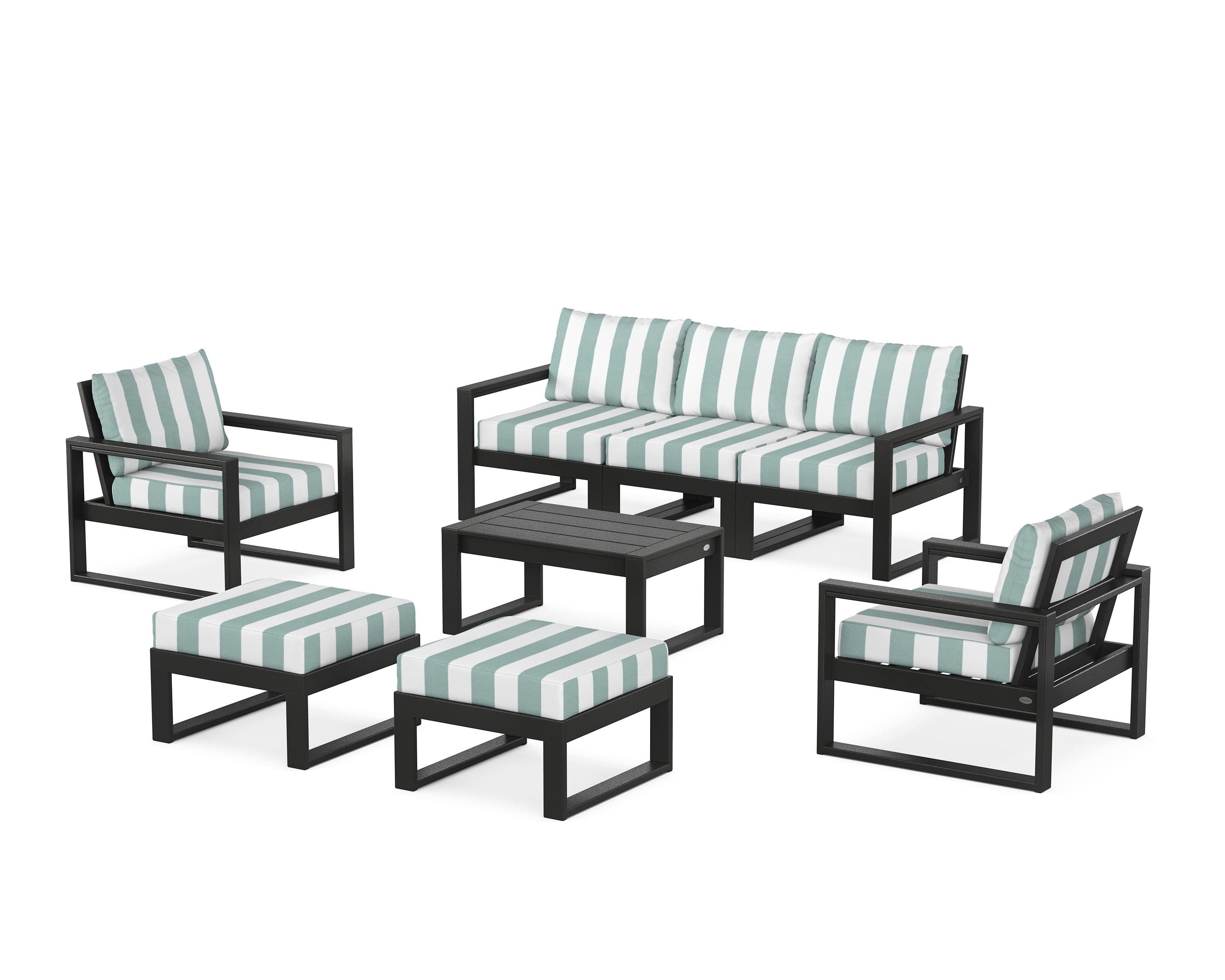 POLYWOOD® EDGE Sectional 8-Piece Lounge Sofa Set in Black / Cabana Stripe Glacier Spa