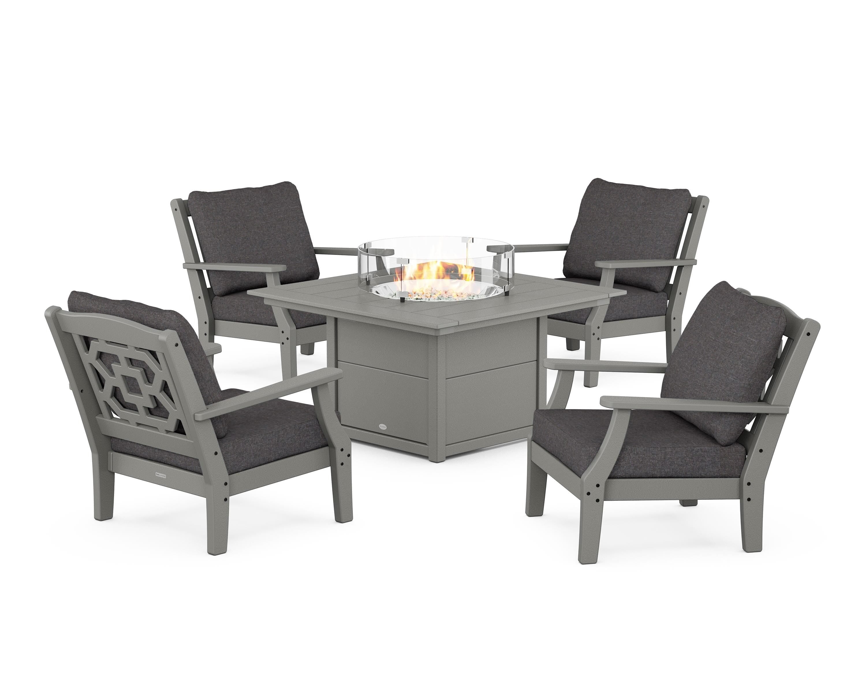 Martha Stewart by POLYWOOD® Chinoiserie 5-Piece Deep Seating Set with Fire Pit Table in Slate Grey / Ash Charcoal