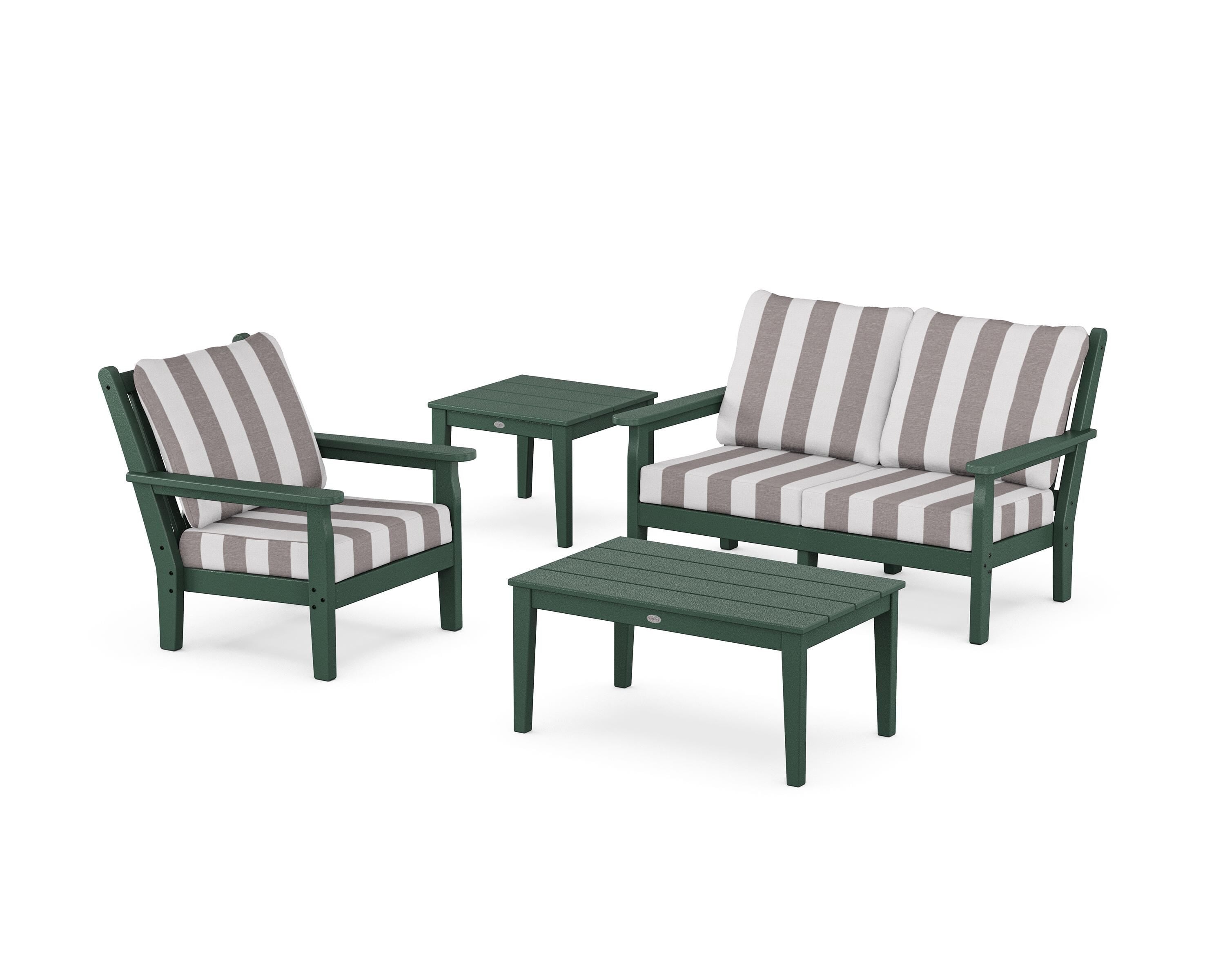 POLYWOOD® Chippendale 4-Piece Deep Seating Set in Green / Cabana Stripe Grey Mist