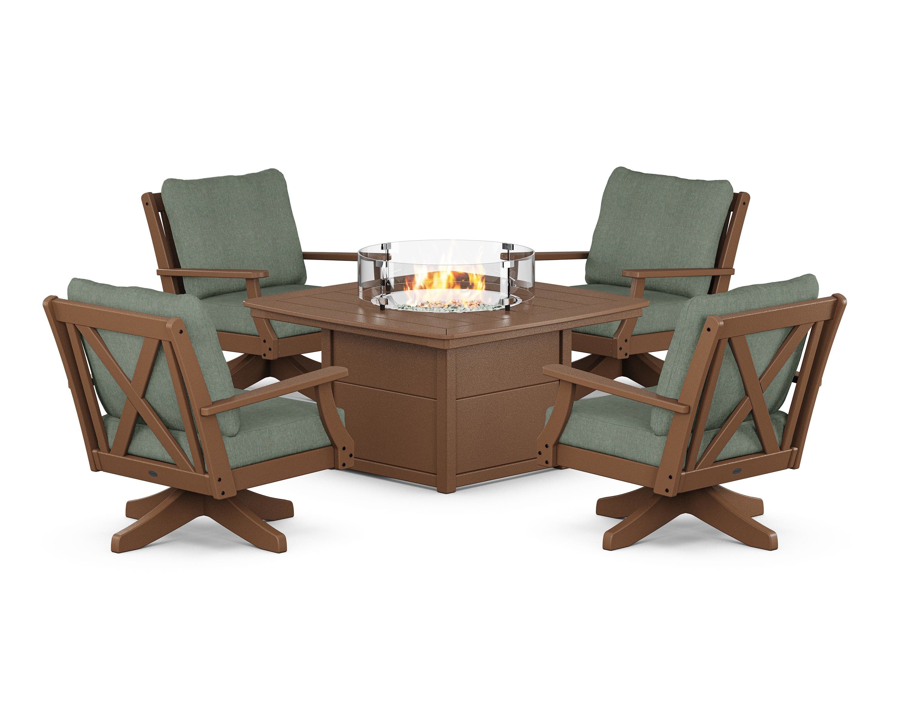 POLYWOOD® Braxton 5-Piece Deep Seating Swivel Conversation Set with Fire Pit Table in Teak / Cast Sage
