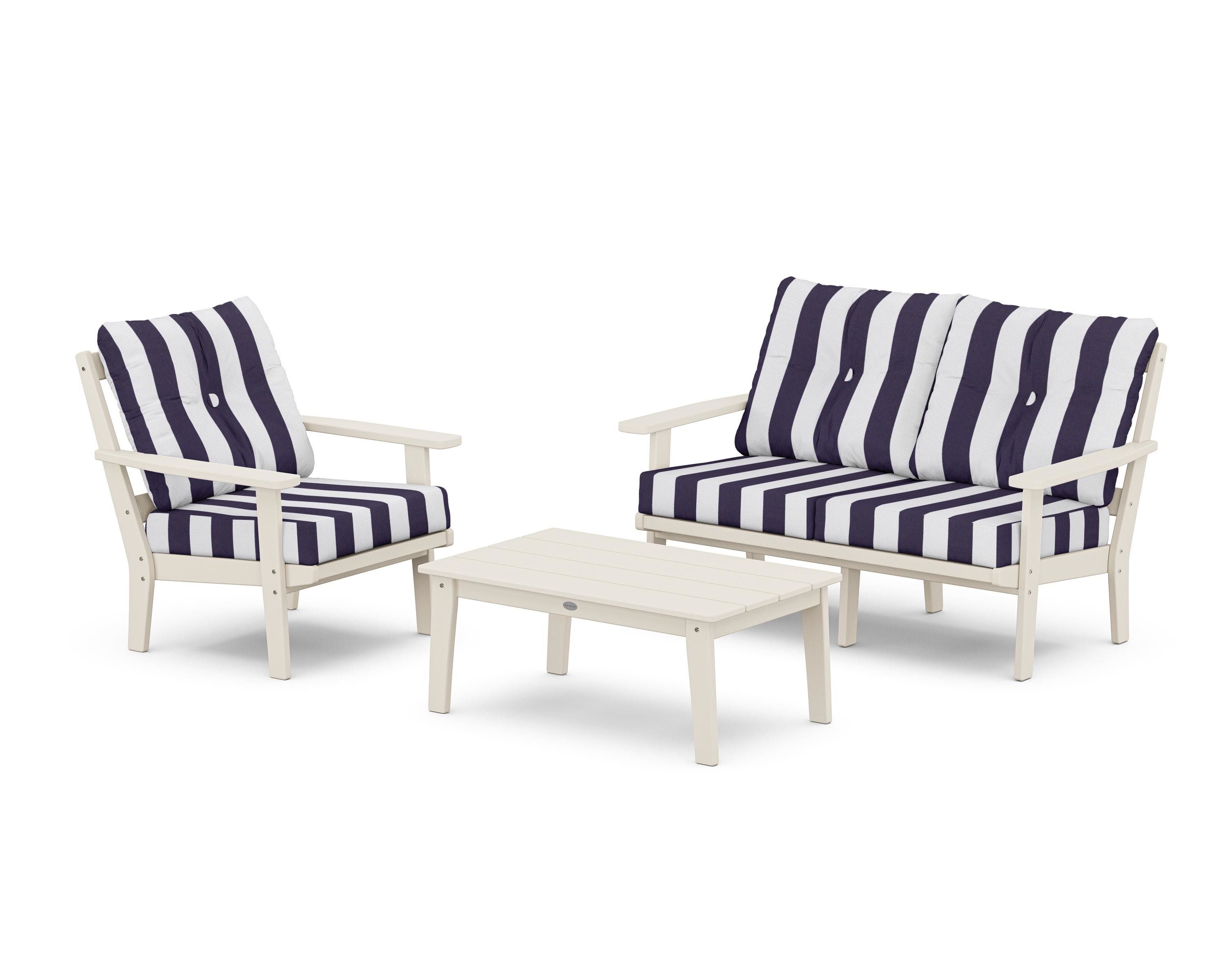POLYWOOD® Oxford 3-Piece Deep Seating Set with Loveseat in Sand / Cabana Stripe Navy