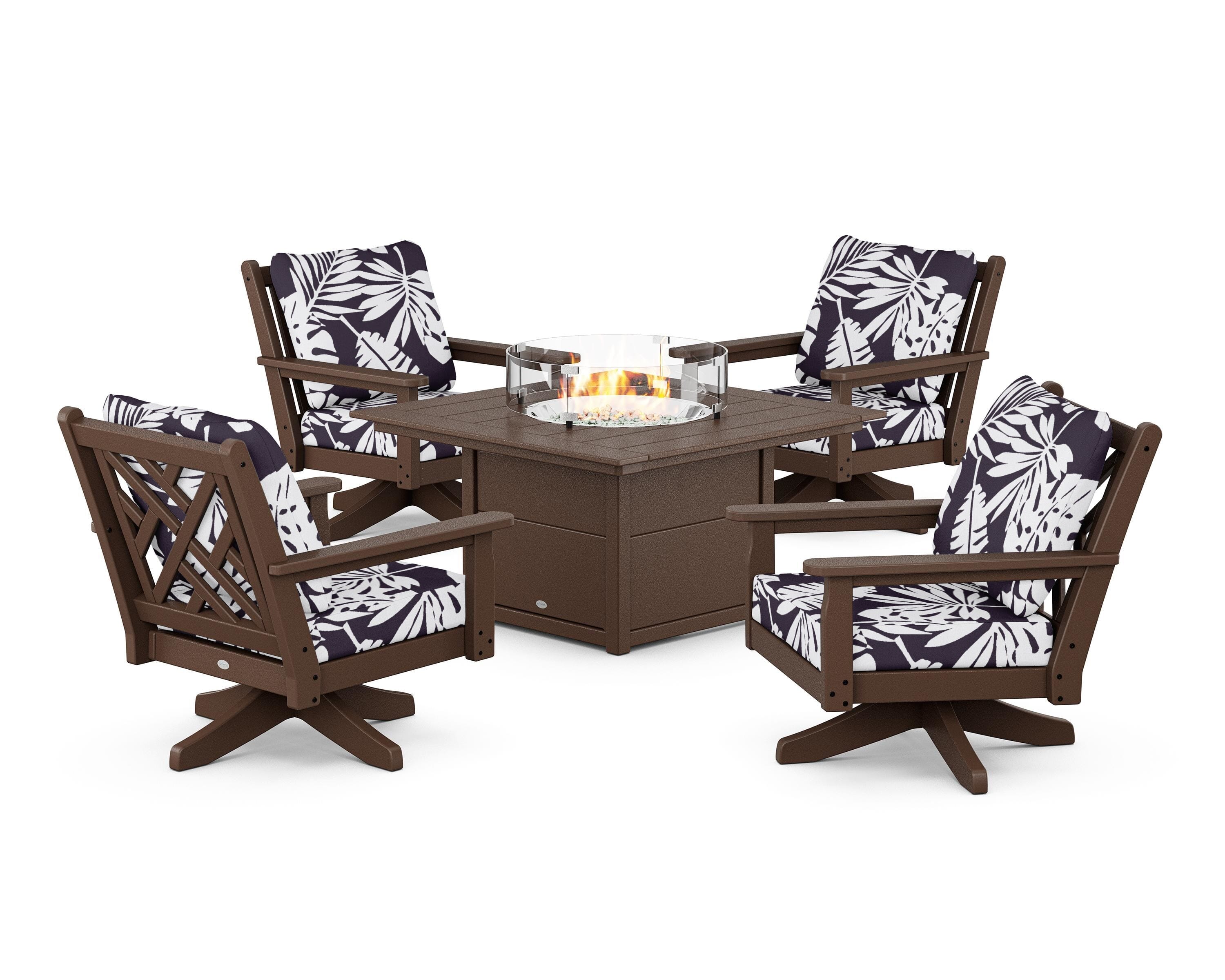 POLYWOOD® Chippendale 5-Piece Deep Seating Swivel Conversation Set with Fire Pit Table in Mahogany / Leaf Navy