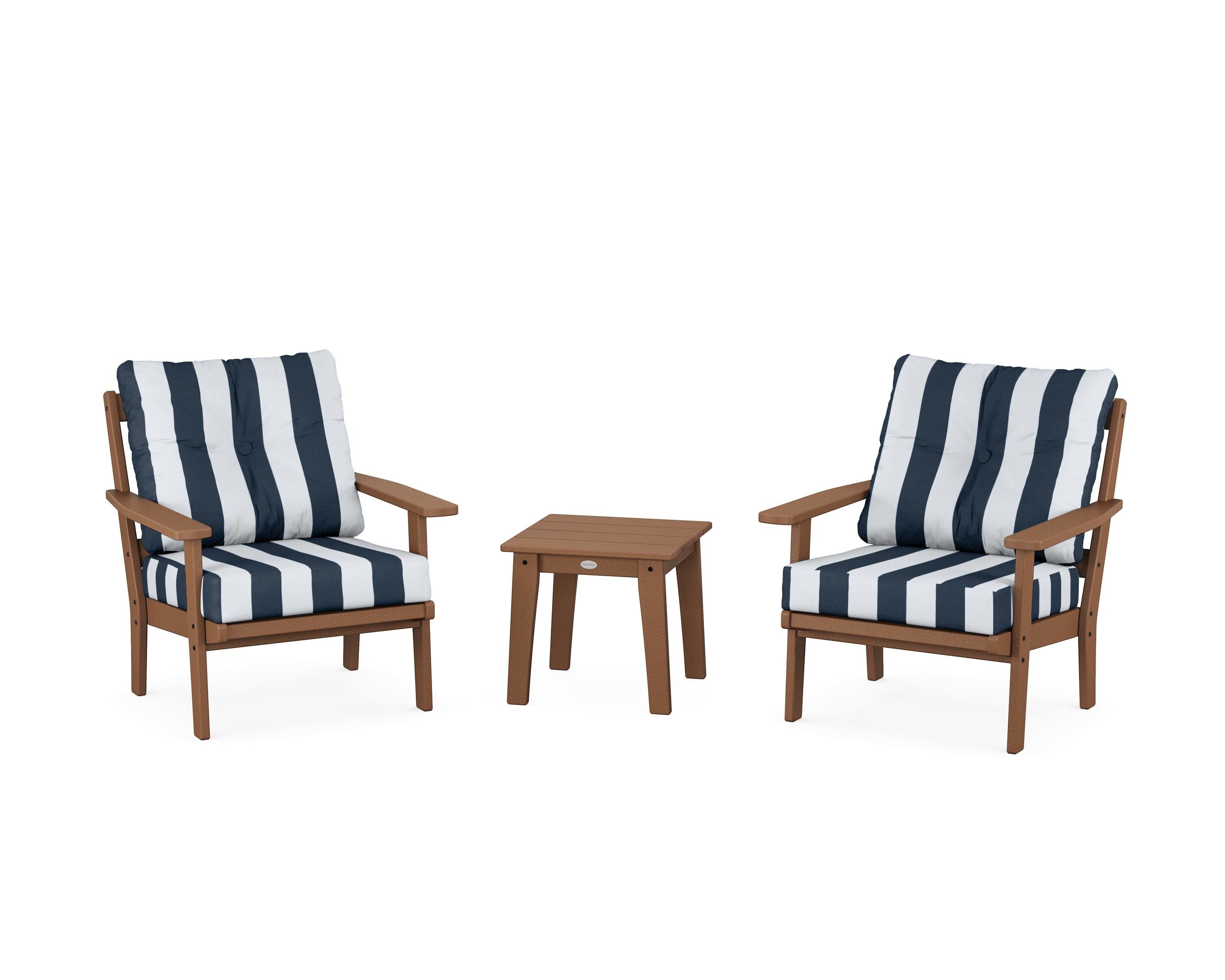 POLYWOOD® Prairie 3-Piece Deep Seating Set in Teak / Cabana Stripe Marine Indigo