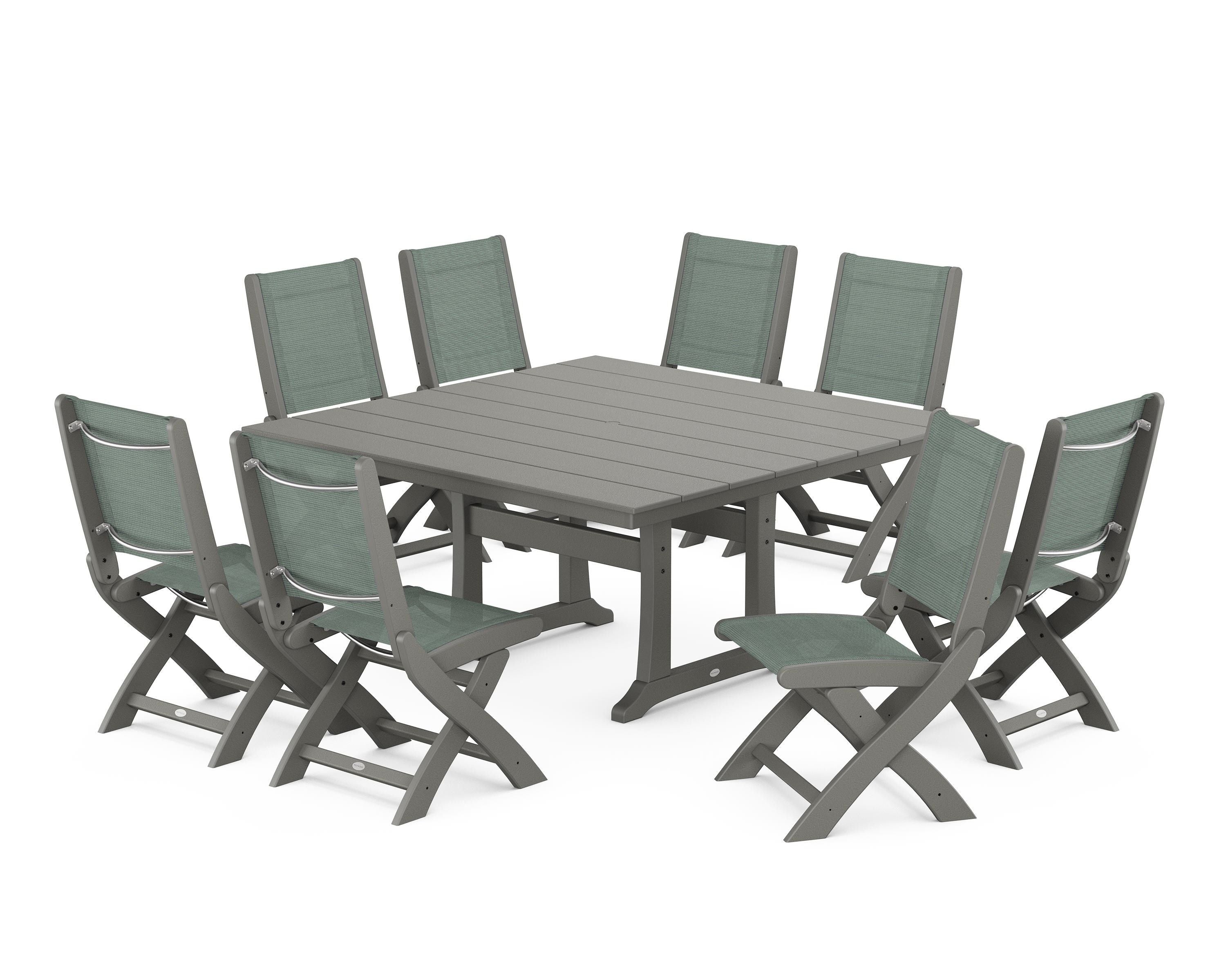 POLYWOOD® Coastal Folding Side Chair 9-Piece Farmhouse Dining Set in Slate Grey / Dupioni Sea Mist Sling