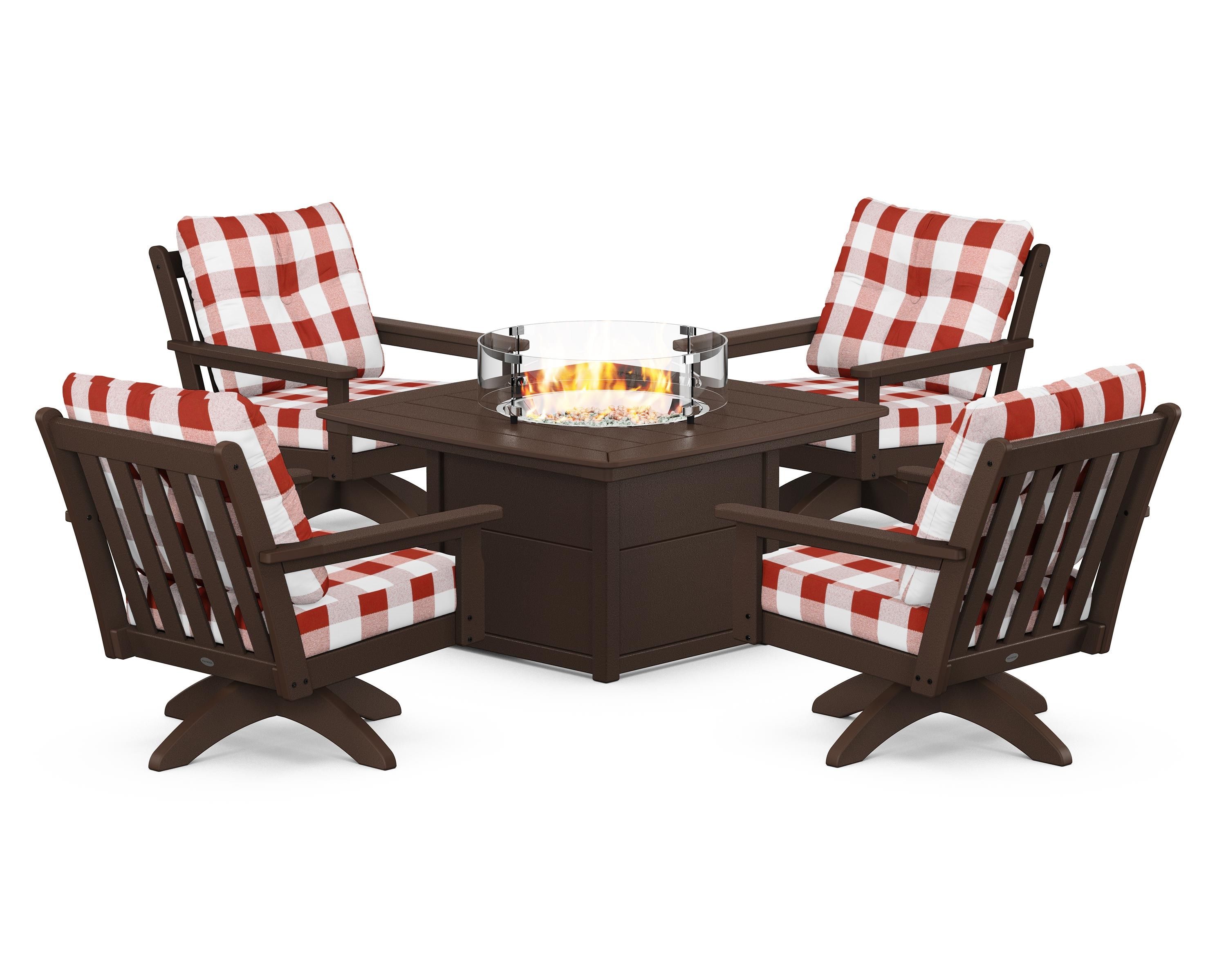 POLYWOOD® Vineyard 5-Piece Deep Seating Swivel Conversation Set with Fire Pit Table in Mahogany / Buffalo Plaid Crimson