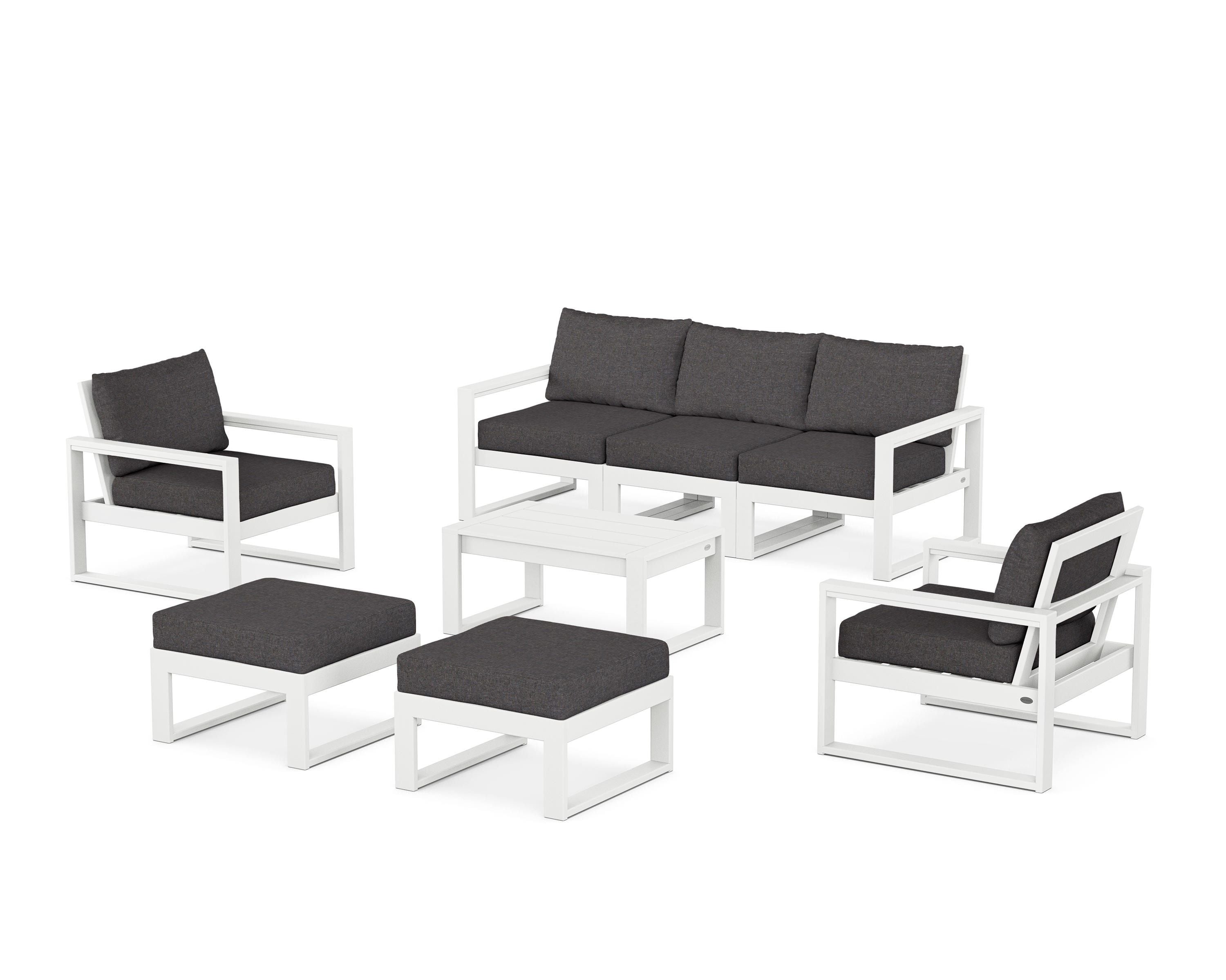 POLYWOOD® EDGE Sectional 8-Piece Lounge Sofa Set in White / Ash Charcoal