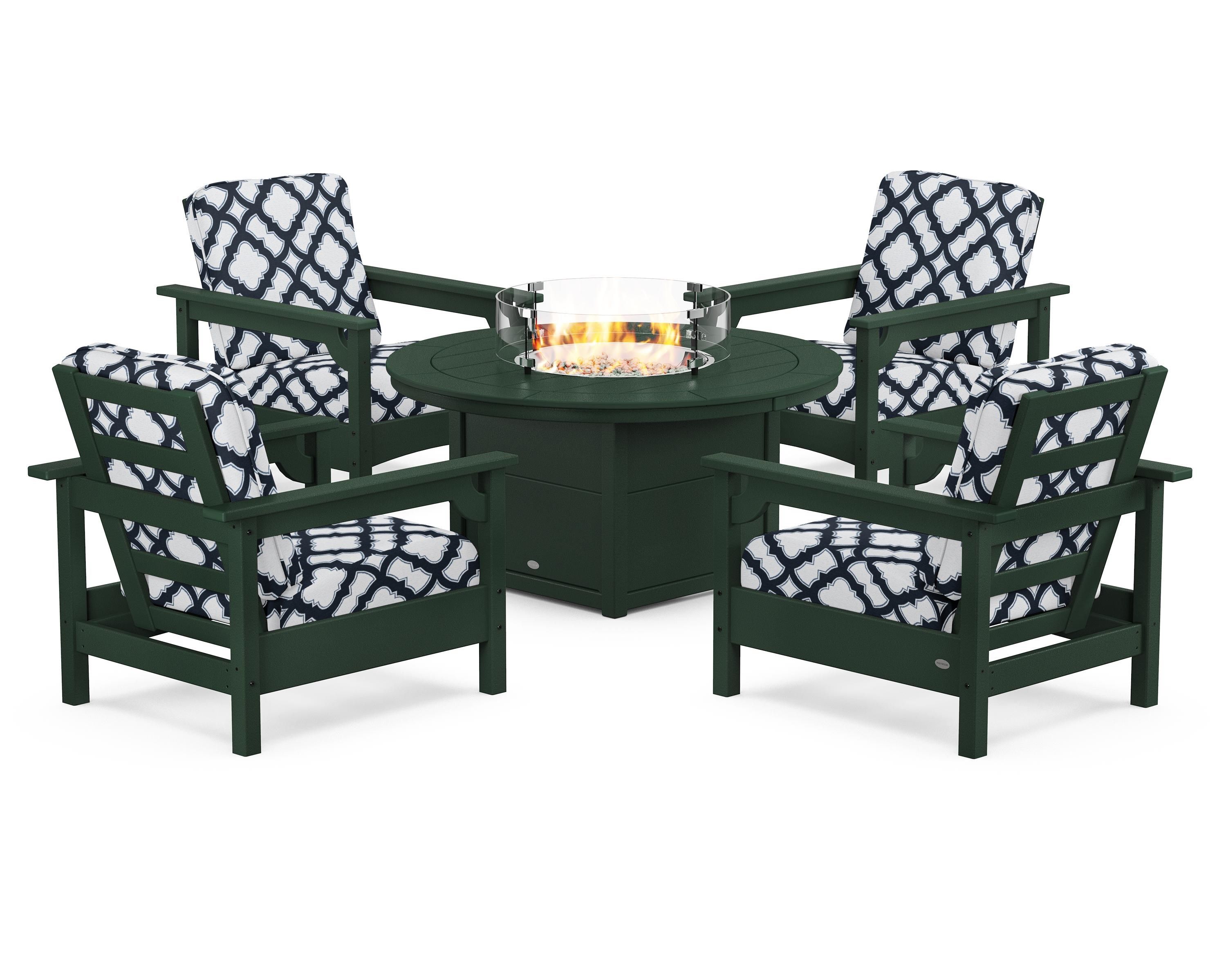 POLYWOOD® Club 5-Piece Conversation Set with Fire Pit Table in Green / Trellis Marine Indigo