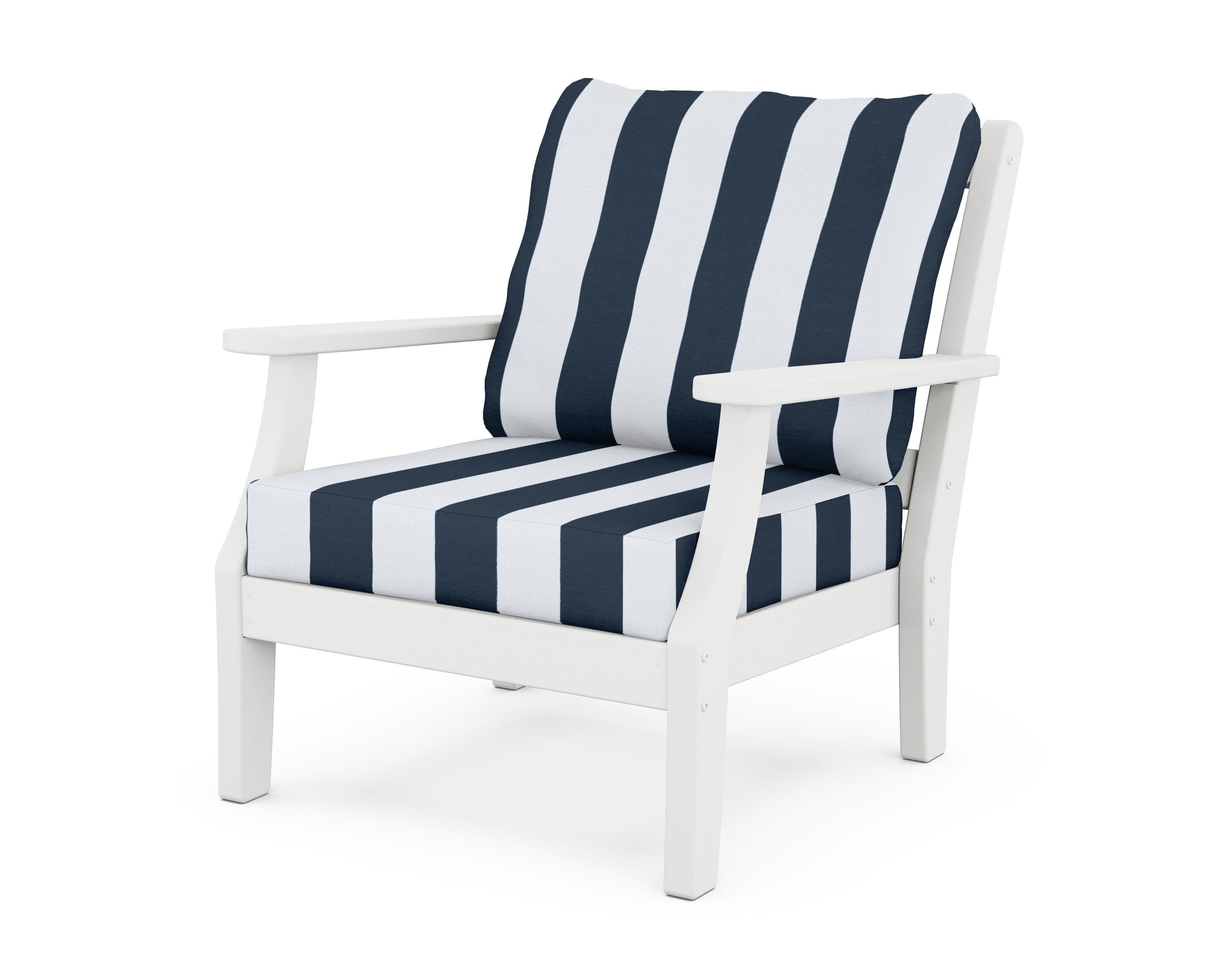 Martha Stewart by POLYWOOD® Chinoiserie Deep Seating Chair in White / Cabana Stripe Marine Indigo