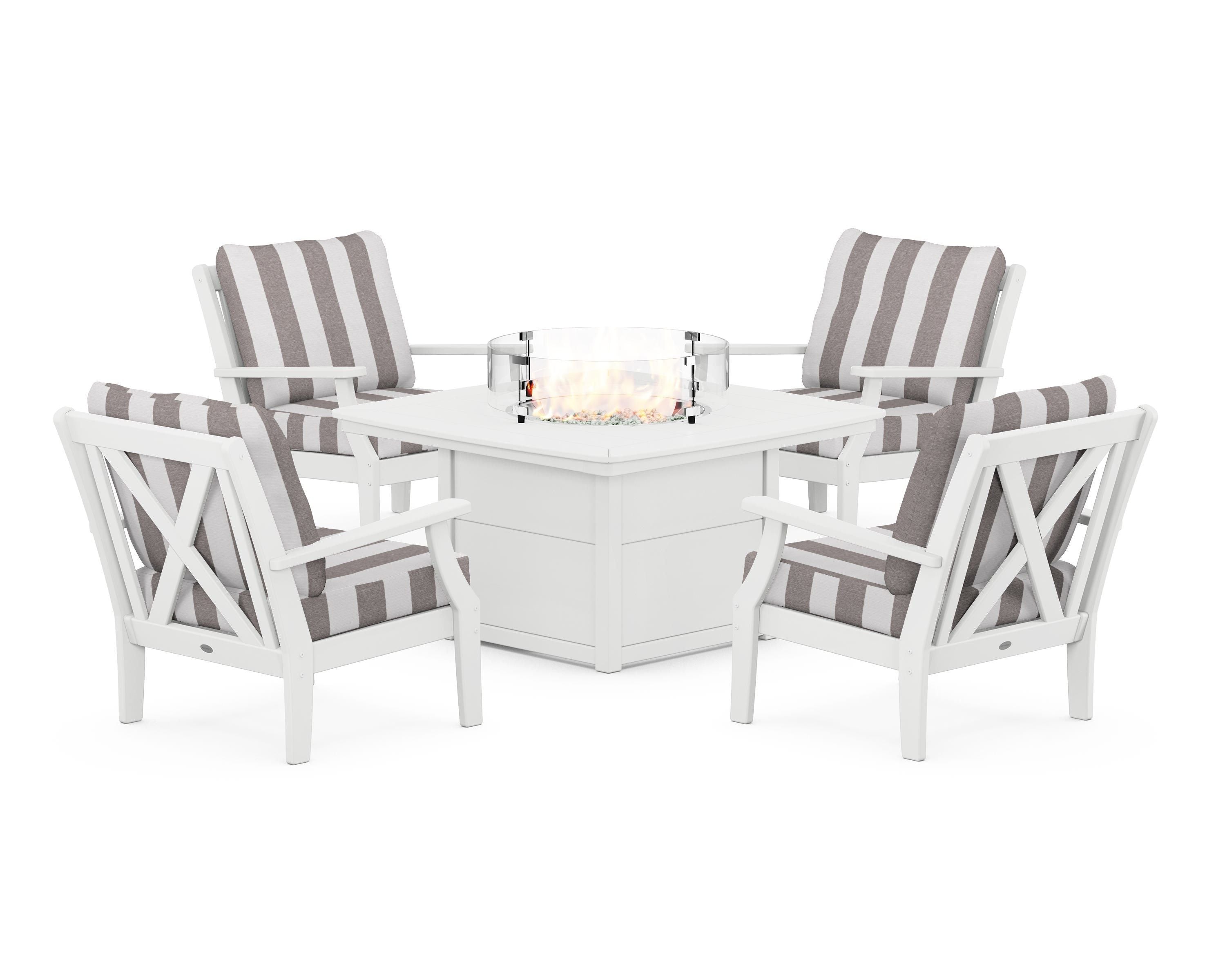 POLYWOOD® Braxton 5-Piece Deep Seating Conversation Set with Fire Pit Table in White / Cabana Stripe Grey Mist