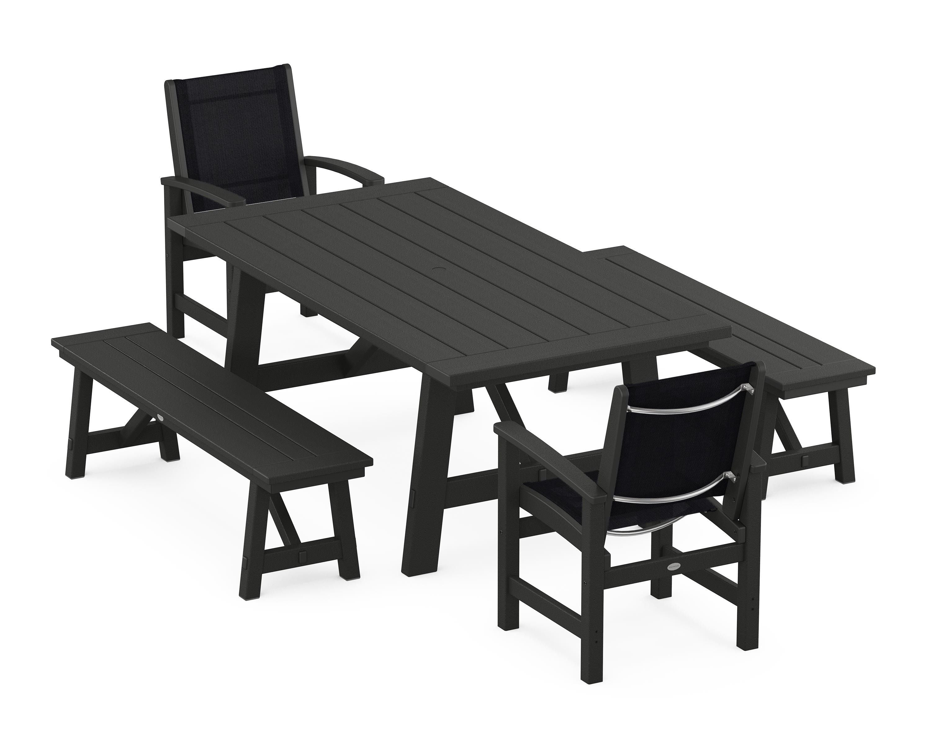 POLYWOOD® Coastal 5-Piece Rustic Farmhouse Dining Set With Benches in Black / Black Sling