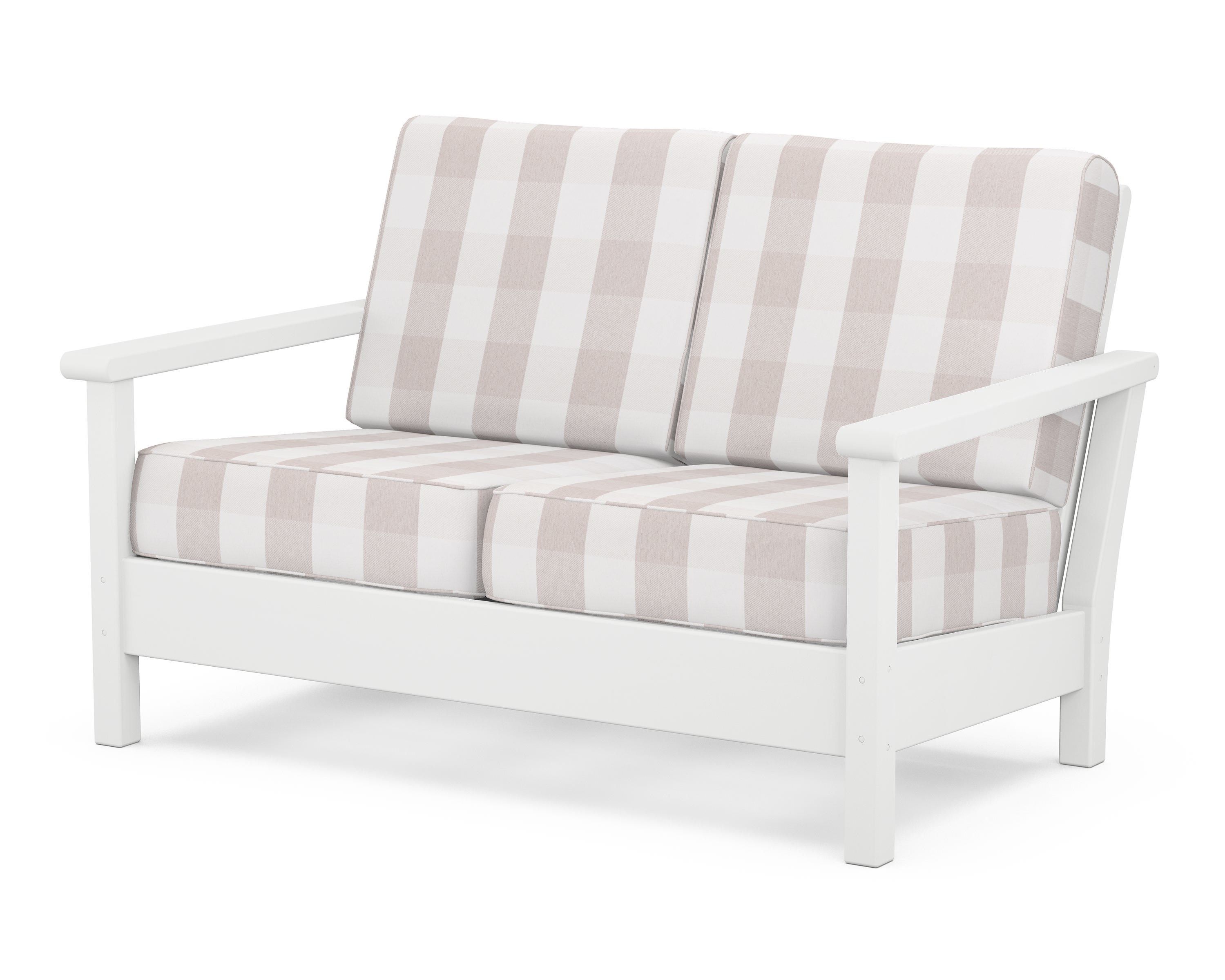 POLYWOOD® Harbour Deep Seating Loveseat in White / Buffalo Plaid Dune Burlap