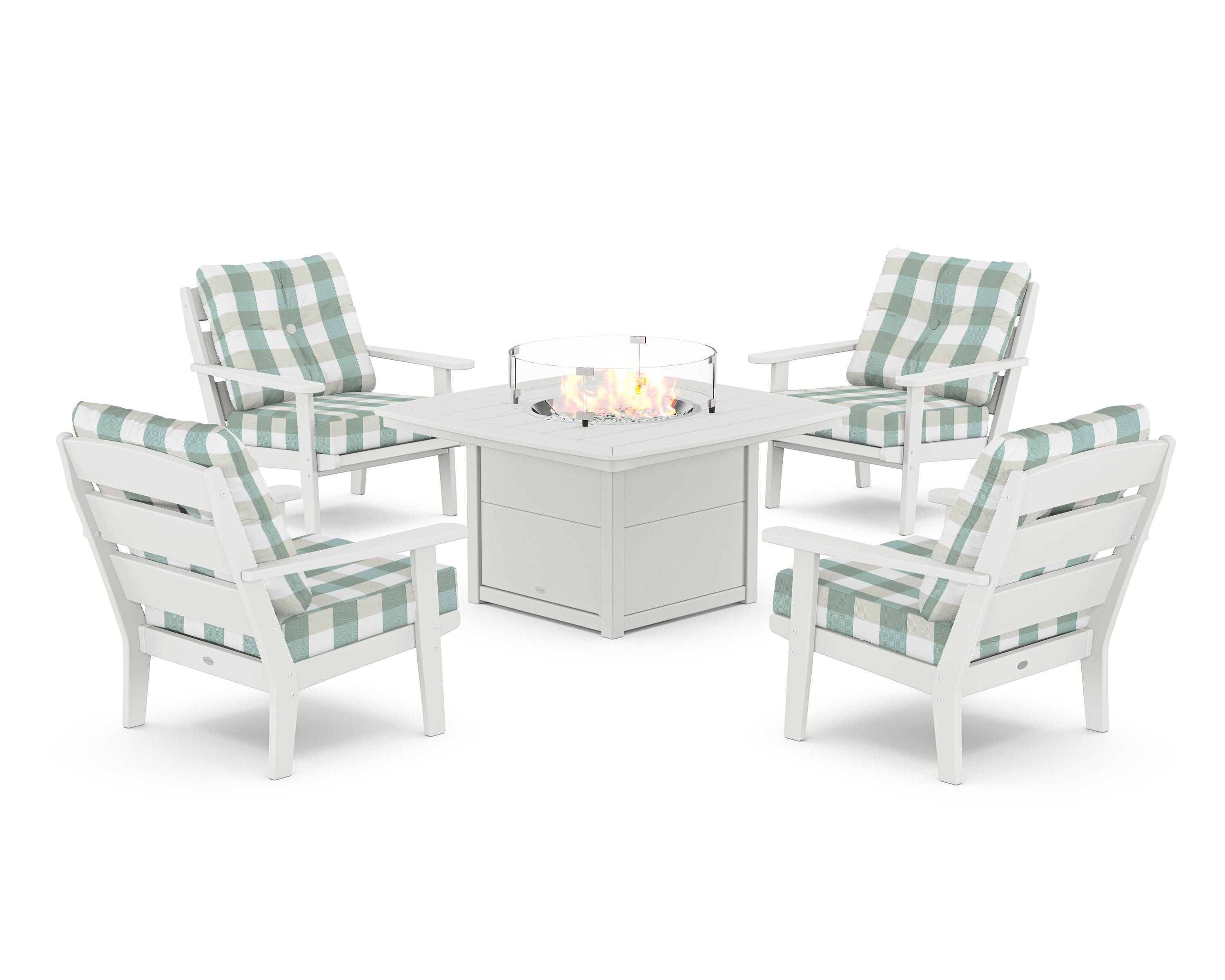 POLYWOOD® Lakeside 5-Piece Deep Seating Set with Nautical Fire Pit Table in White / Buffalo Plaid Glacier Spa